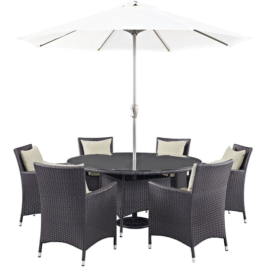 kitchen and dining room sets | CasaFoyer Convene Outdoor Sectional Series | 8 Piece Patio Dining Set with Umbrella | Espresso Beige | casafoyer.myshopify.com