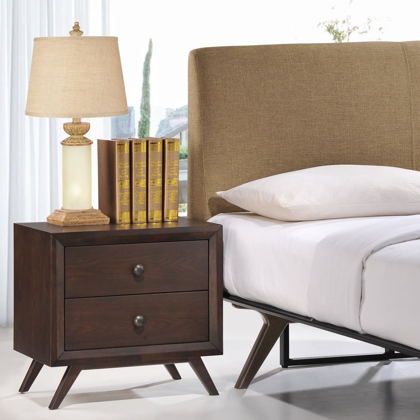 TABLE | CasaFoyer Tracy Vintage Mid-Century Nightstand | Toffee Brown Stained Finish | 2 Drawers | Antique Metal Handles | Sturdy Platform Legs | Easy Assembly & Cleaning | casafoyer.myshopify.com