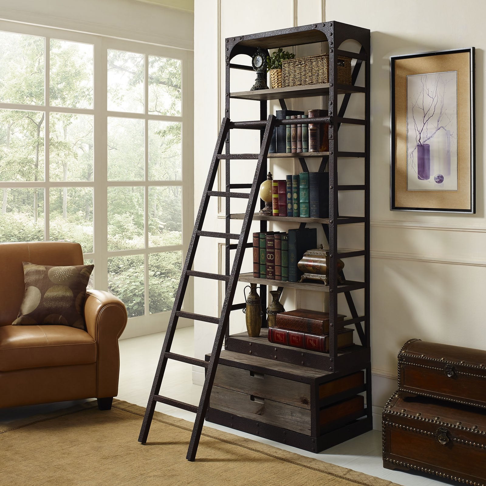bookcases | Ergode Velocity Industrial Modern Design Wood Shelving & Ladder Set | Solid Pine Shelves & Sturdy Cast Iron Frame | Enhance Space with Functionality & Style | casafoyer.myshopify.com