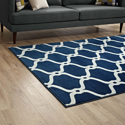 area rugs | CasaFoyer Beltara Chain Link Transitional Trellis Area Rug | Durable | Stain Resistant | 8x10 Size | Moroccan Blue & Ivory | casafoyer.myshopify.com