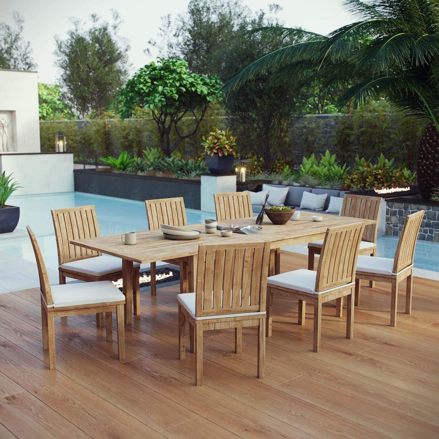 kitchen and dining room sets | CasaFoyer Marina 9 Piece Teak Wood Outdoor Patio Set | Luxury Dining Set with Extendable Table & 8 Armless Chairs | Resilient & Durable | Contemporary Design | Assembly Required | casafoyer.myshopify.com