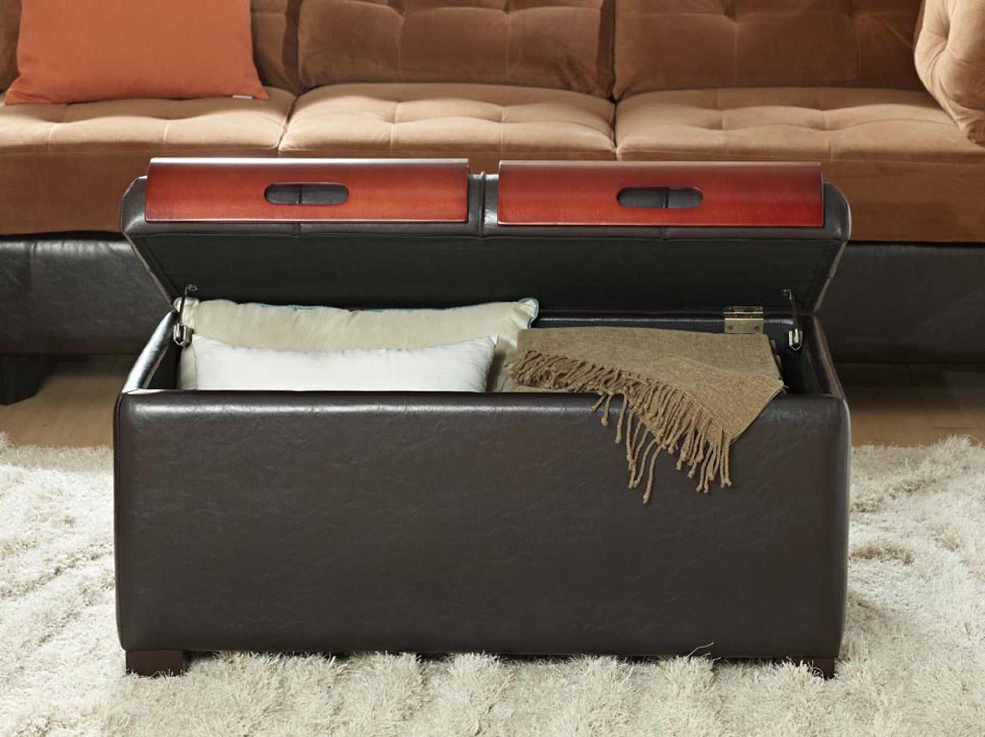 Ottoman | Designs4Comfort Storage Ottoman with Trays | Versatile & Stylish Furniture | Hinged Lid | Tufted Design | Solid Wood Feet | Bent Wood Trays | Cocktail Table & Extra Seating | Ample Storage Space | casafoyer.myshopify.com