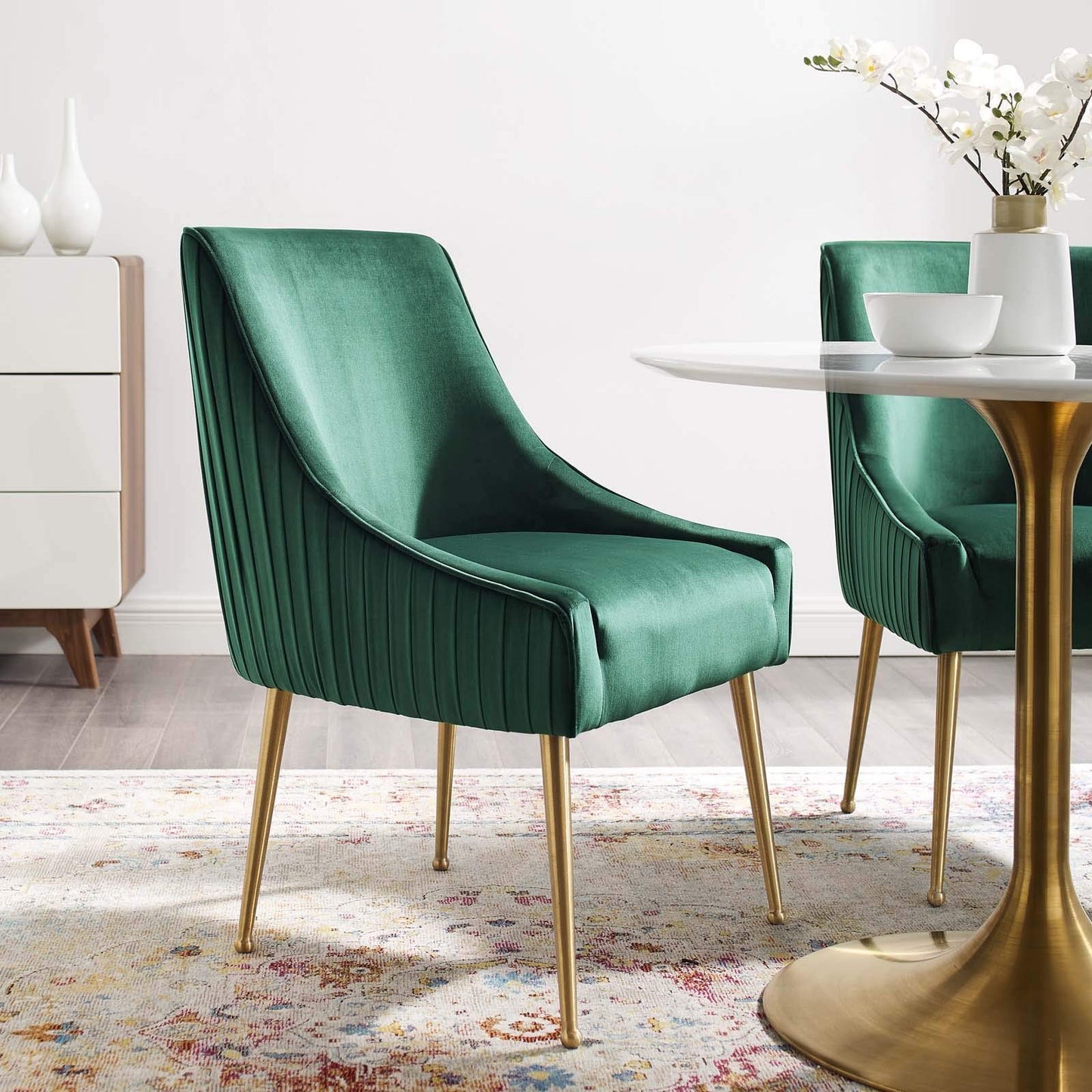 home office desk chairs | CasaFoyer Discern Performance Velvet Pleated Back Dining Chair | Stain-Resistant | Comfortable | Durable | Gold Legs | Green | casafoyer.myshopify.com