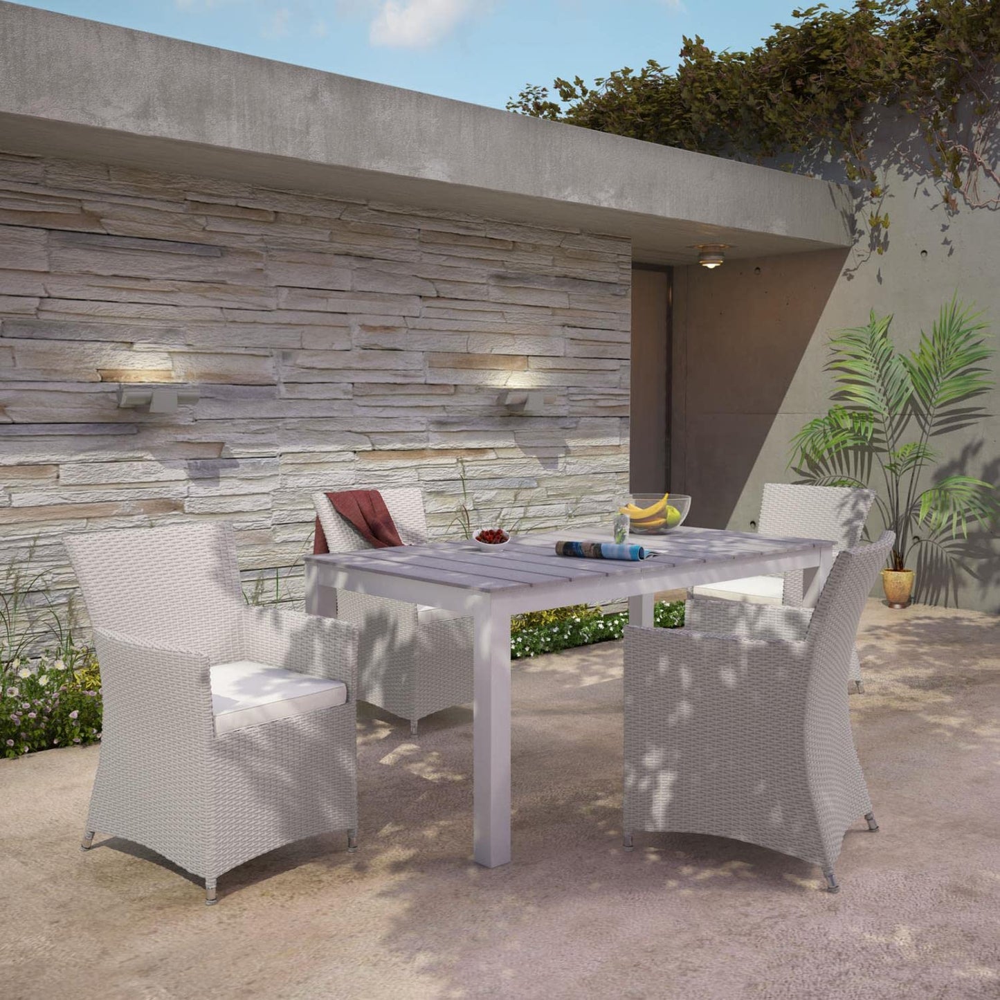 Dining Table | Junction Outdoor Patio Dining Furniture Set | Elegant & Practical | Synthetic Rattan Weave | All-Weather Cushions | Aluminum Frame | 4 Armchairs | 1 Dining Table | casafoyer.myshopify.com