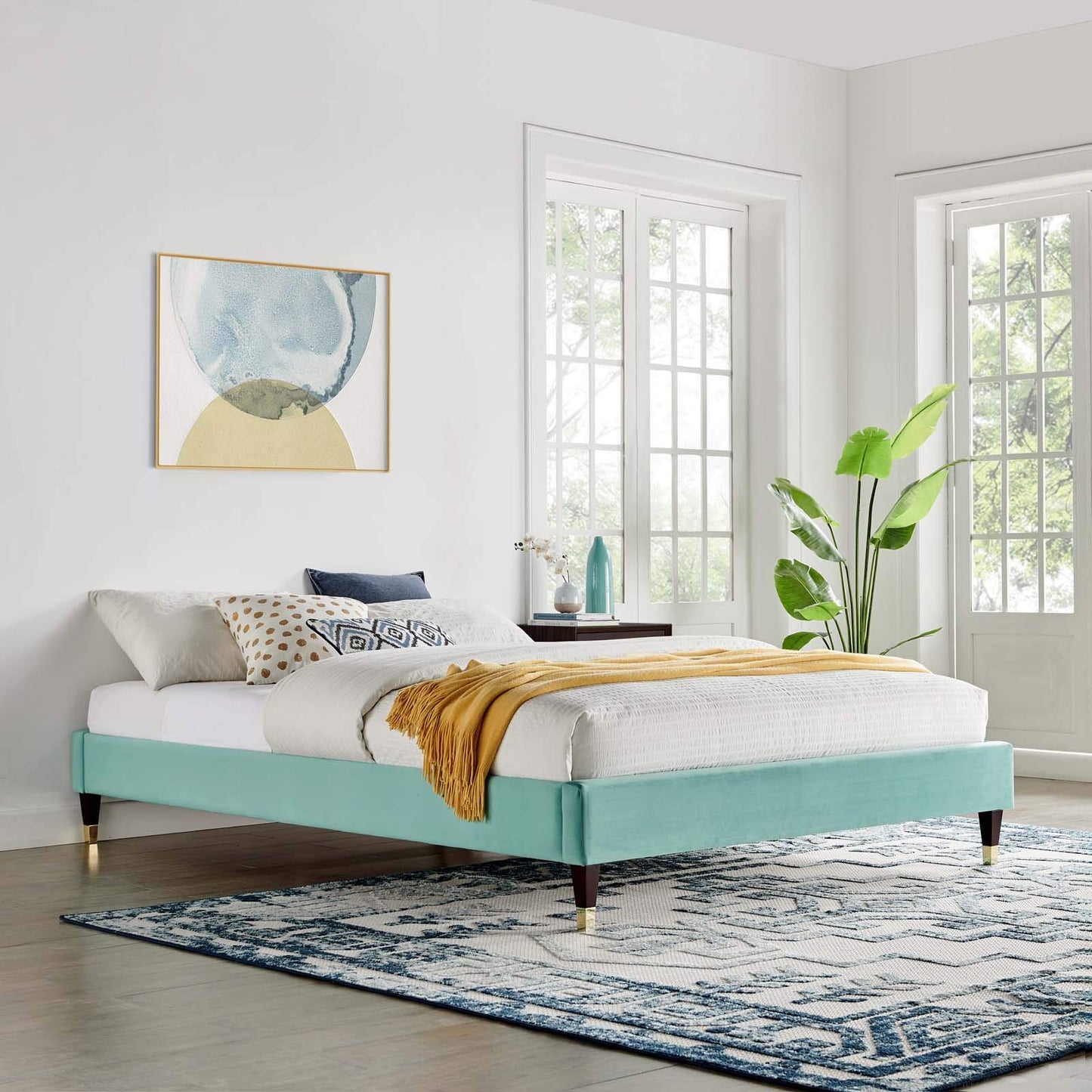 bed frames | CasaFoyer Harlow Performance Velvet Full Bed Frame | Glamorous & Opulent | Wood Legs & Gold Metal Sleeves | Stain-Resistant Velvet | Compatible with Various Mattress Types | Durable & Stable | Assembly Required | 800 lbs. Weight Capacity (Mint) | casafoyer.myshopify.com