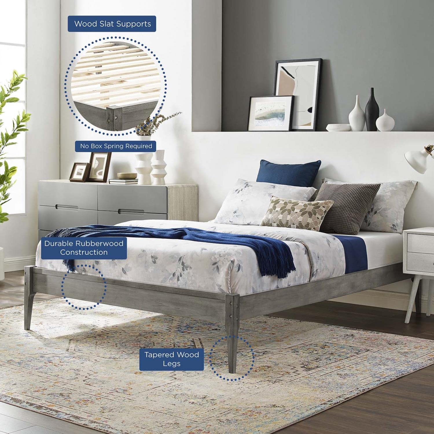 Bed | CasaFoyer June Queen Platform Bed | Stylish & Cozy | Mid-Century Design | Durable Wood Frame | No Box Spring Needed | Easy Assembly | 601 lbs Weight Capacity | Gray | casafoyer.myshopify.com