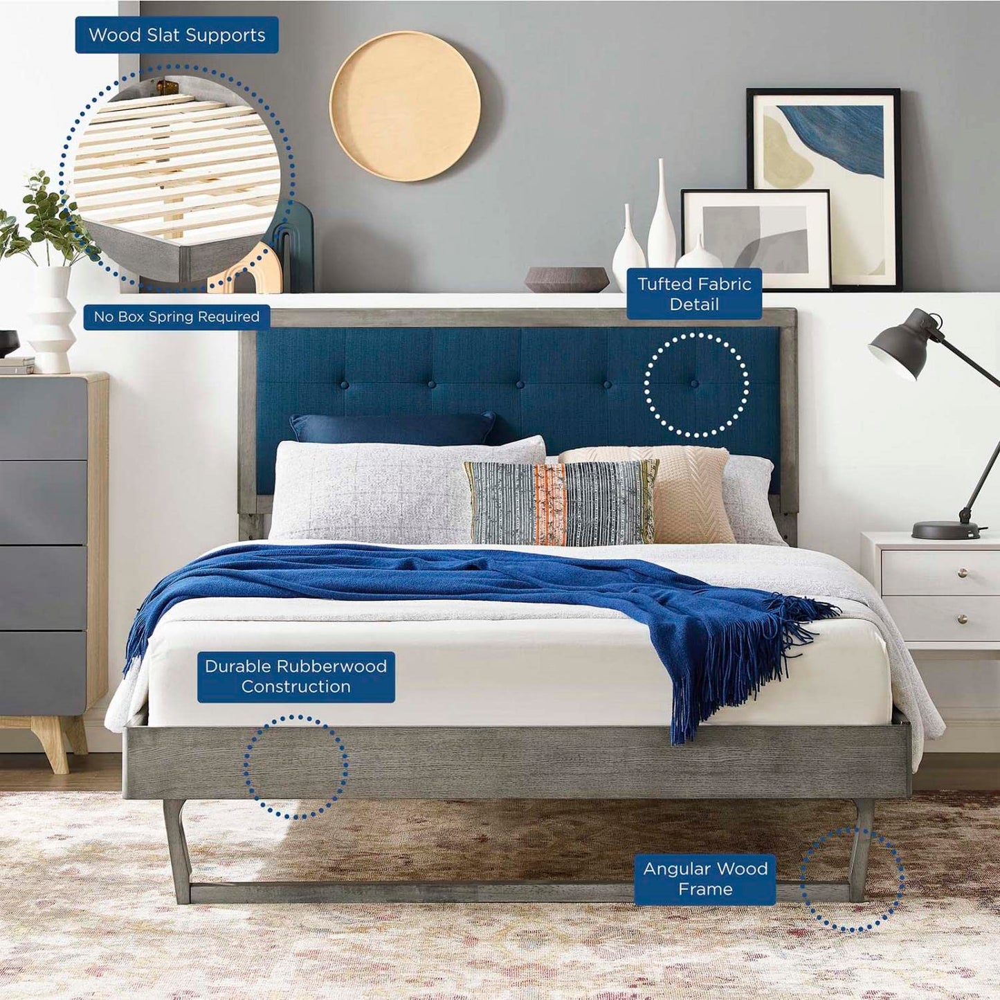 bed frames | CasaFoyer Willow Tufted Wood Queen Platform Bed | Mid-Century Design | Upholstered Headboard | Button Tufted | Sturdy Materials | Wood Slat Support | No Box Spring | 601 lbs Capacity | Gray Azure | casafoyer.myshopify.com
