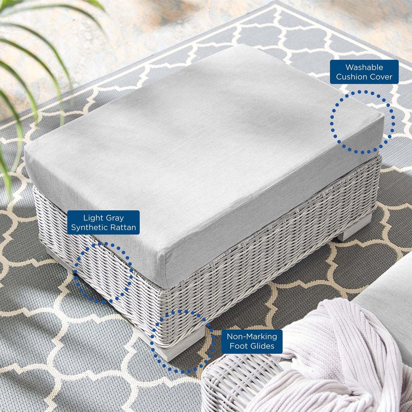 ottomans | CasaFoyer Conway Outdoor Patio Wicker Rattan Ottoman | Light Gray | UV-Resistant | Sturdy Frame | Water-Resistant Cushion | Trendy Design | Easy Assembly | casafoyer.myshopify.com