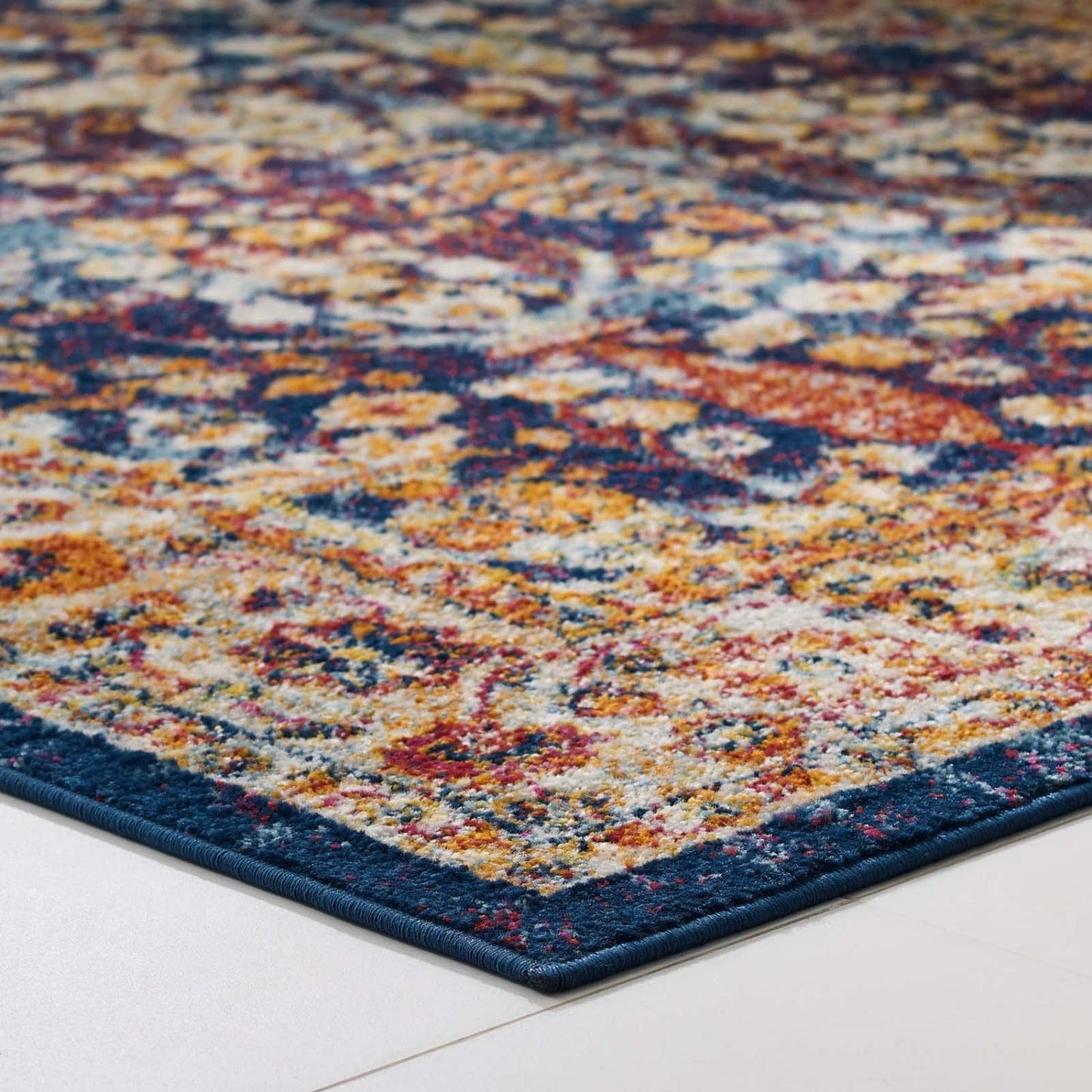 area rugs | CasaFoyer Jessa Distressed Vintage Floral Lattice Area Rug | Durable Frise Polypropylene | Rubber Bottom | High Density Low Pile Weave | Stain Resistant | 8x10 | Blue/Orange/Yellow/Red | casafoyer.myshopify.com