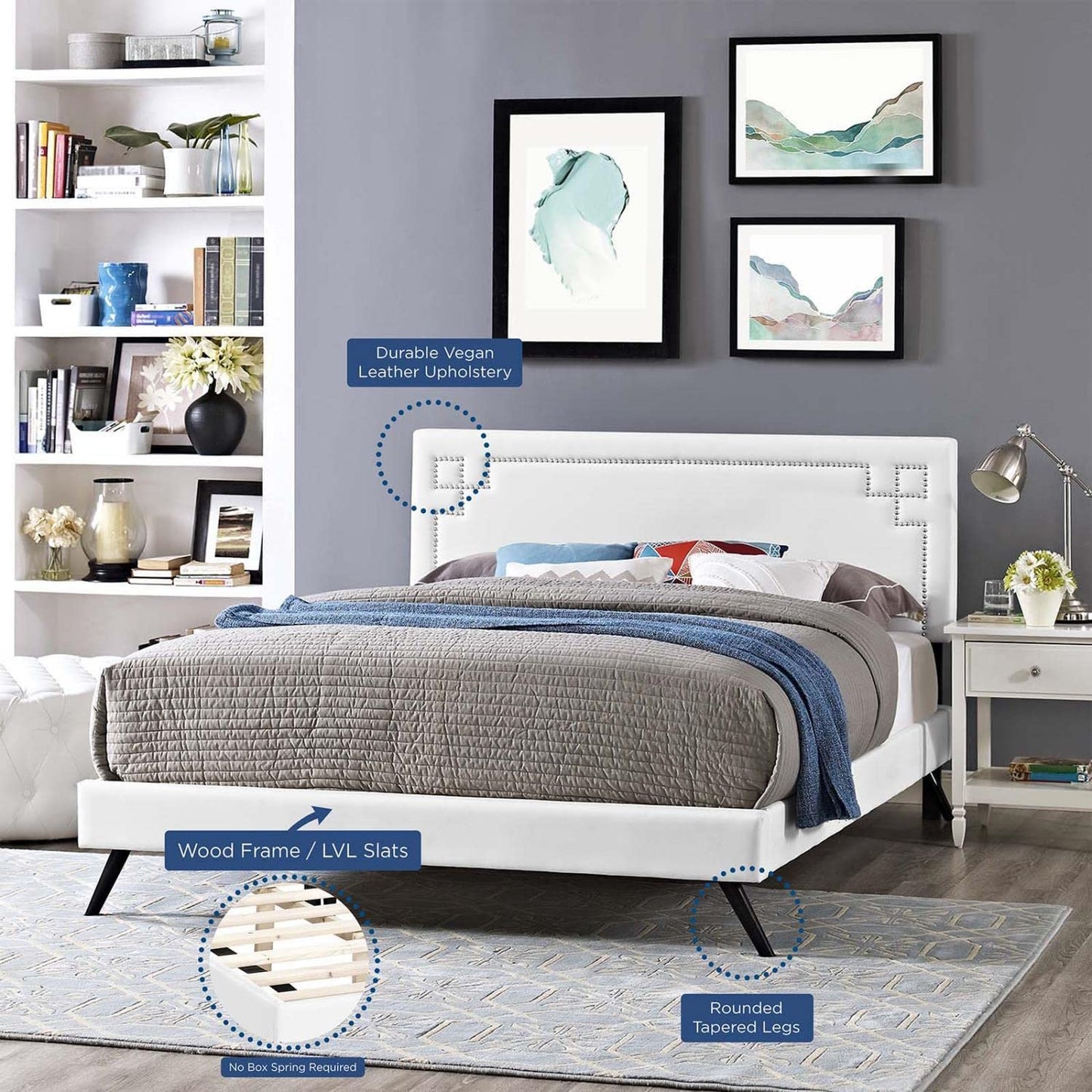 Bed | CasaFoyer Ruthie Platform Bed | Solid Wood Frame | Vinyl Upholstery | Tapered Legs | No Box Spring Needed | Compatible with Memory Foam Mattresses | White | casafoyer.myshopify.com