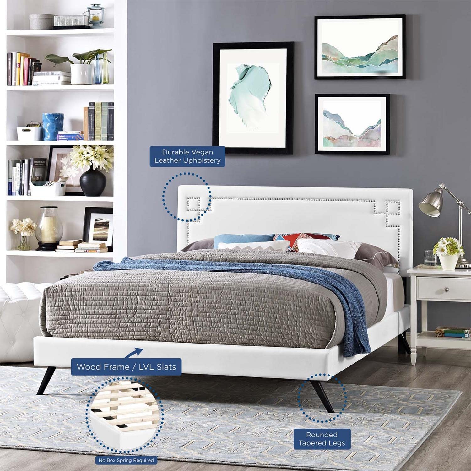 Bed | CasaFoyer Ruthie Platform Bed | Solid Wood Frame | Vinyl Upholstery | Tapered Legs | No Box Spring Needed | Compatible with Memory Foam Mattresses | White | casafoyer.myshopify.com