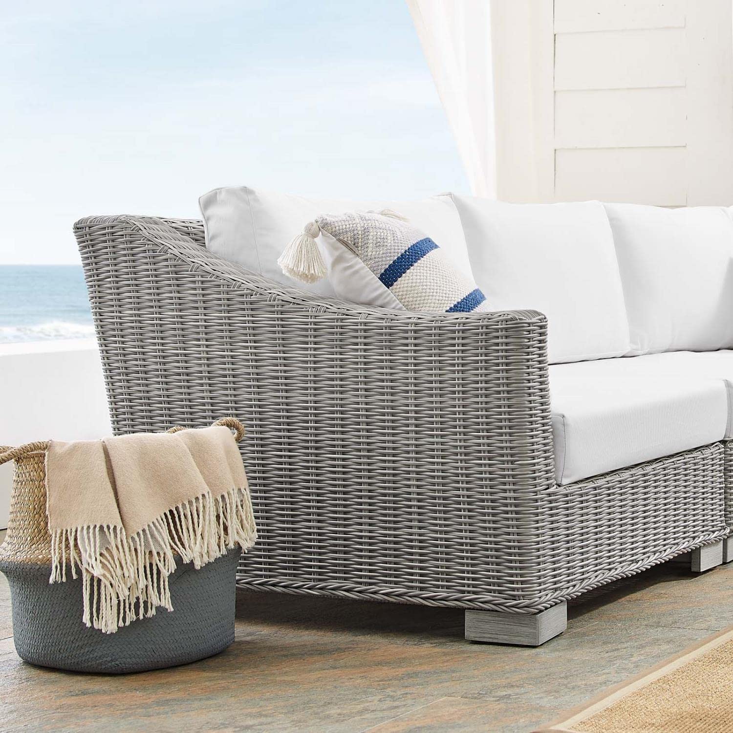 sofas | CasaFoyer Conway Outdoor Patio Sunbrella Wicker Rattan 5-Piece Sectional Sofa Furniture Set | Light Gray | UV-Resistant | Modular Design | Aluminum Frame | casafoyer.myshopify.com