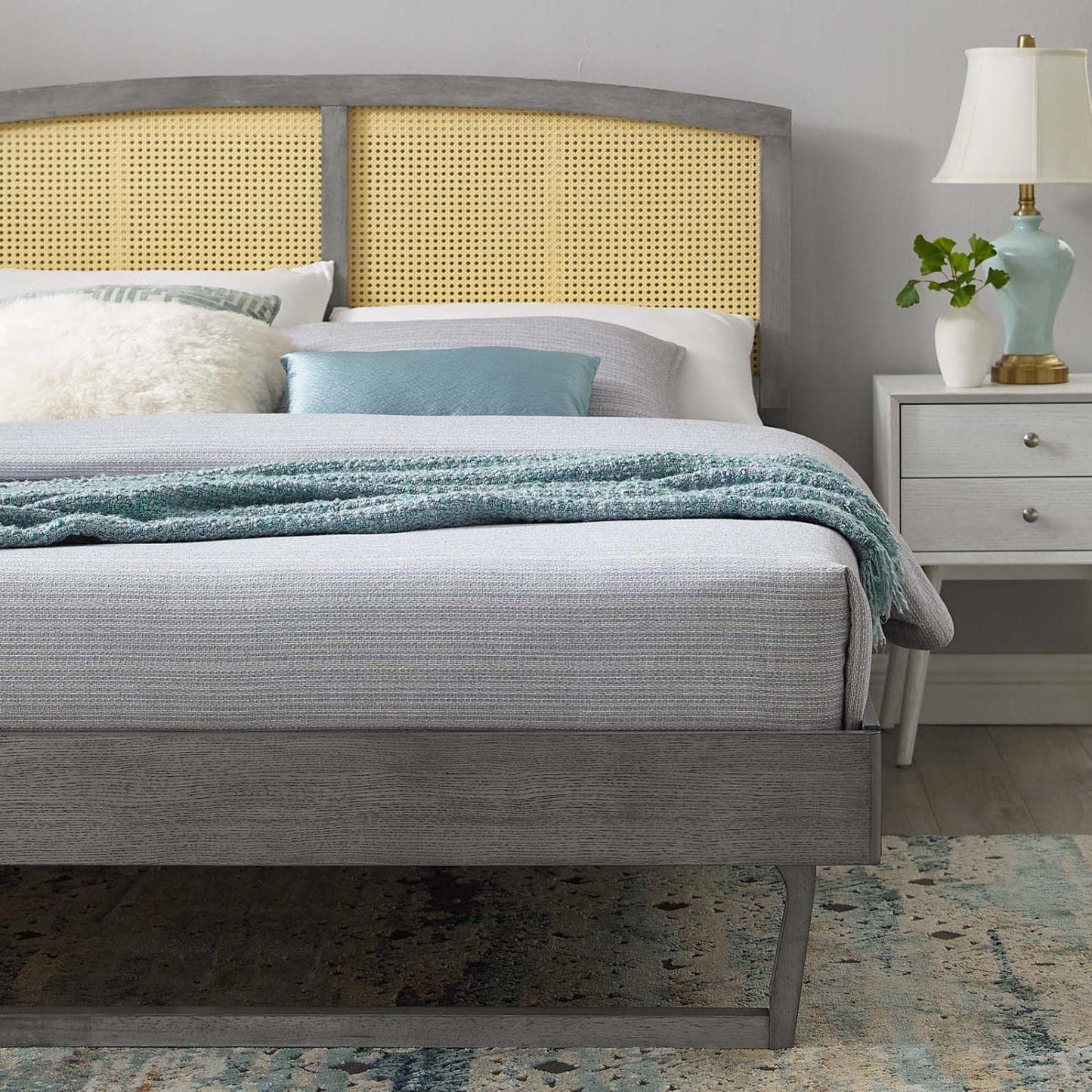 Bed | CasaFoyer Sierra Woven Cane Rattan Wood Queen Platform Bed | Mid-Century Modern Design | Tropical Flair | Durable & Stable | No Box Spring Needed | Gray | casafoyer.myshopify.com