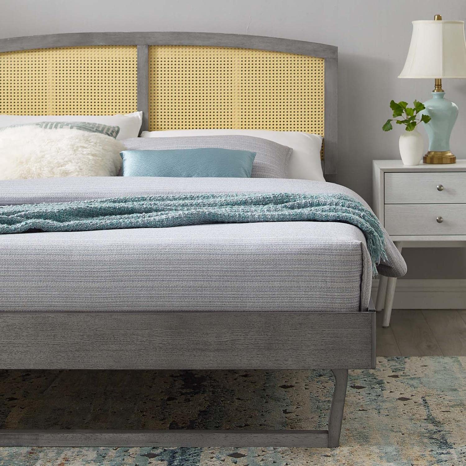 Bed | CasaFoyer Sierra Woven Cane Rattan Wood Queen Platform Bed | Mid-Century Modern Design | Tropical Flair | Durable & Stable | No Box Spring Needed | Gray | casafoyer.myshopify.com