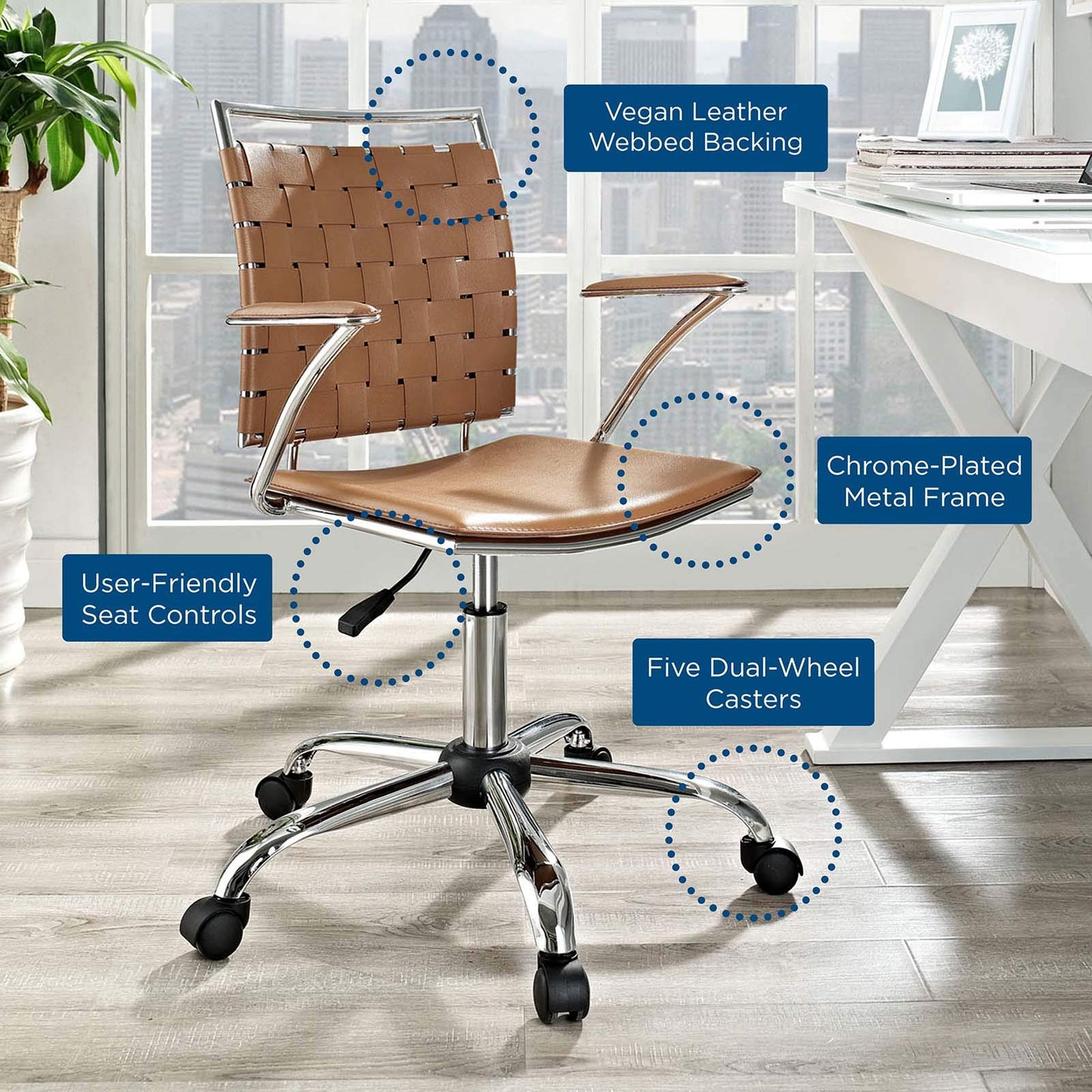 home office desk chairs | CasaFoyer Modern Office Chair | Height-Adjustable | PVC Webbing Back | Foam Cushion | Chrome-Plated Base | Contemporary Design - Tan | casafoyer.myshopify.com