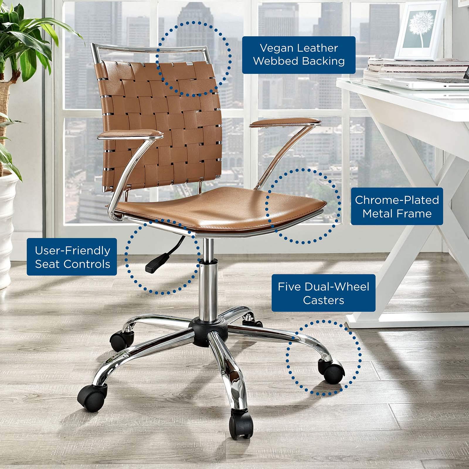 home office desk chairs | CasaFoyer Modern Office Chair | Height-Adjustable | PVC Webbing Back | Foam Cushion | Chrome-Plated Base | Contemporary Design - Tan | casafoyer.myshopify.com