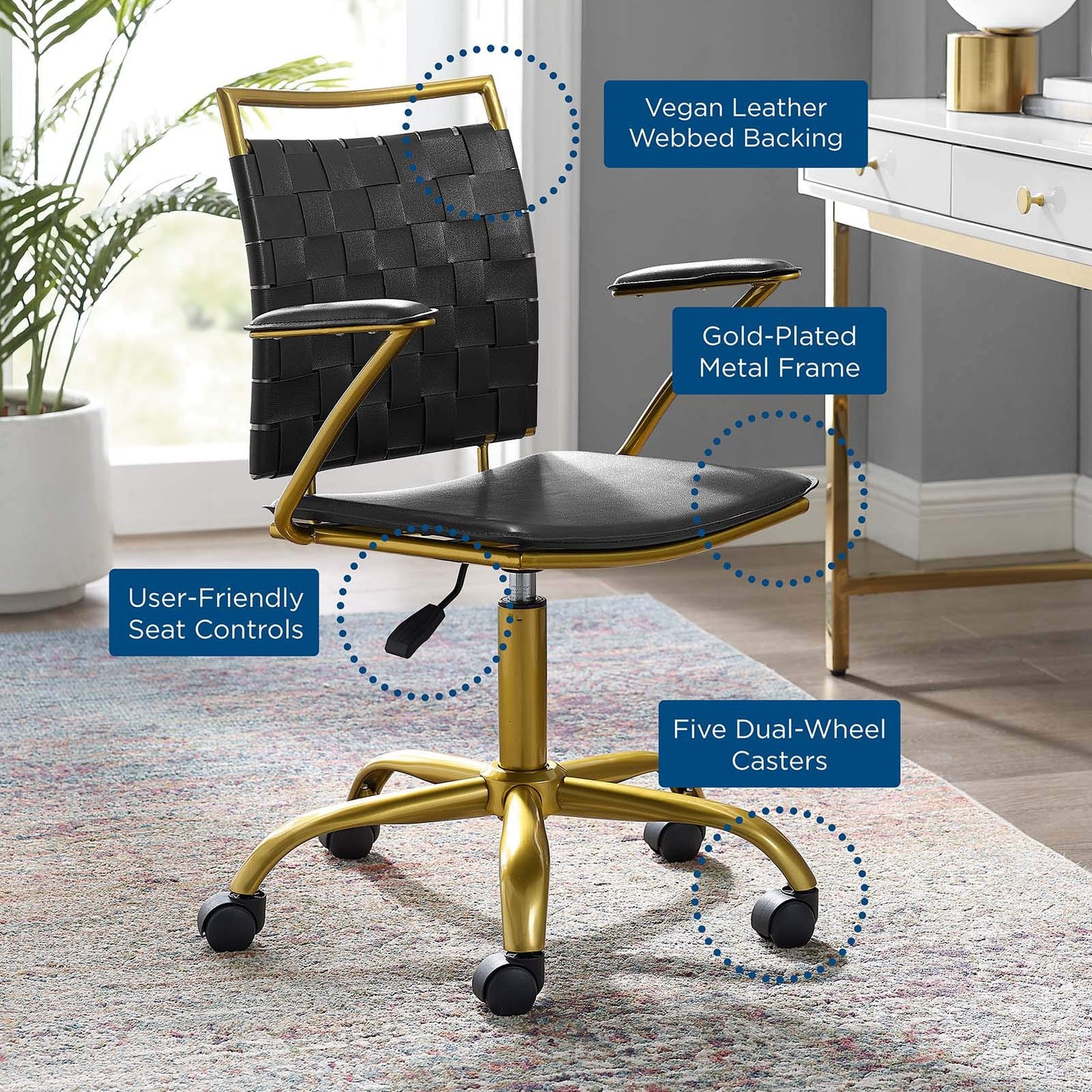 home office desk chairs | CasaFoyer Contemporary Height Adjustable Office Chair | Faux Leather Webbing Back | Foam Cushion | Gold Plated Base | Stylish & Functional | casafoyer.myshopify.com