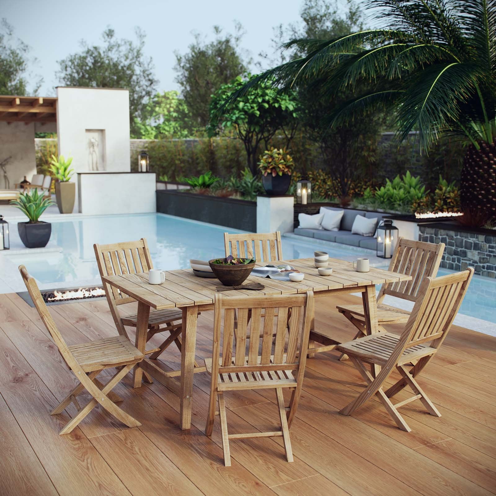 kitchen and dining room sets | CasaFoyer Teak Wood Outdoor Set - Marina Collection | 7 Piece Patio Dining Set | Folding Chairs & Dorset Table | All-Weather Cushions | Sturdy & Timeless Design | Assembly Required | casafoyer.myshopify.com
