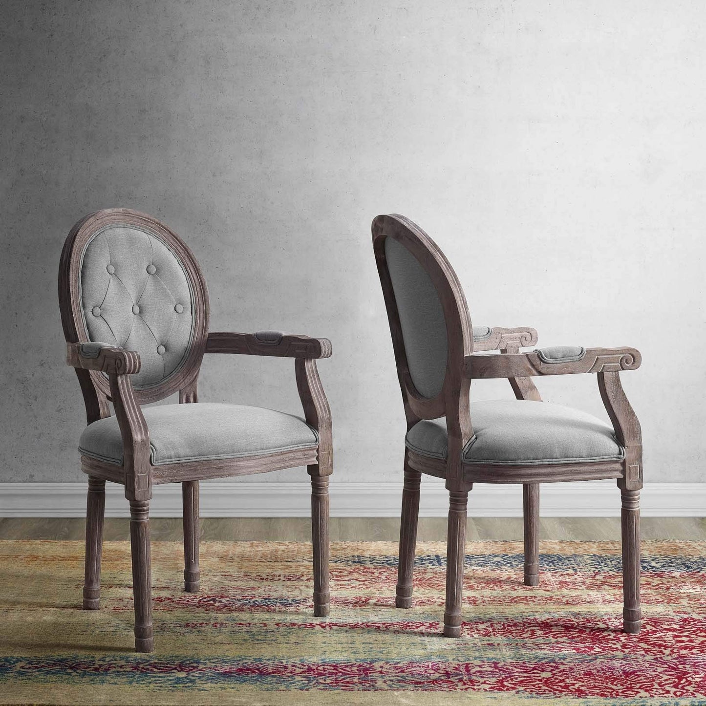 home office desk chairs | CasaFoyer Arise French Vintage Dining Accent Armchair Set | Fluted Wood Frame | Button Tufted Diamond Trim | Upholstered Fabric Seat | Weathered Vintage French Look | Comfortable & Fully Assembled | Set of 2 | casafoyer.myshopify.com