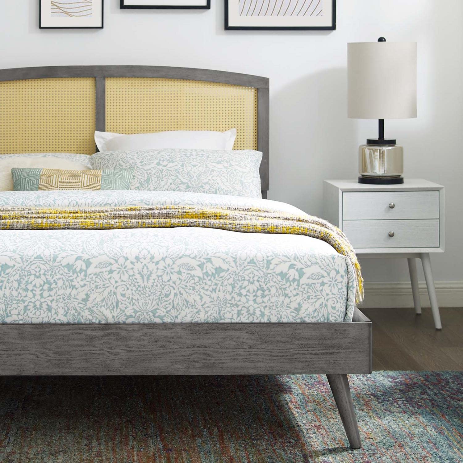 adjustable bed bases | CasaFoyer Sierra Woven Cane Rattan Wood Full Platform Bed | Tranquil Mid-Century Modern Design | No Box Spring Needed | Gray | casafoyer.myshopify.com