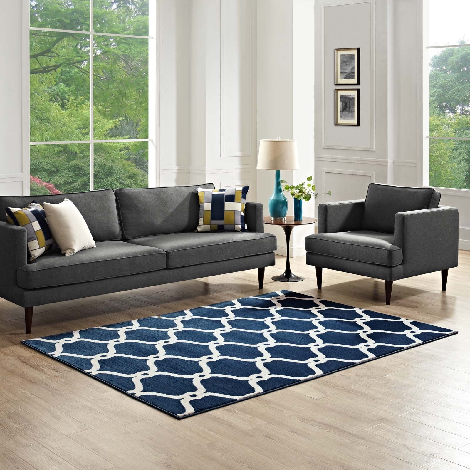 Carpet & Rugs | CasaFoyer Beltara Chain Link Transitional Trellis Area Rug | Durable | Stain Resistant | 5x8 Size | Moroccan Blue and Ivory | casafoyer.myshopify.com