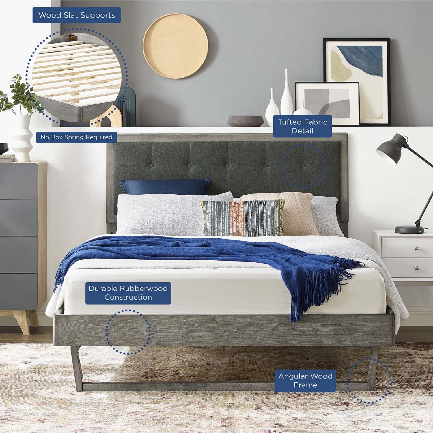 bed frames | CasaFoyer Willow Tufted Wood King Platform Bed | Contemporary Charm | Natural Beauty | Mid-Century Design | Sturdy Materials | Wood Slat Support System | Easy Assembly | Gray Charcoal | casafoyer.myshopify.com