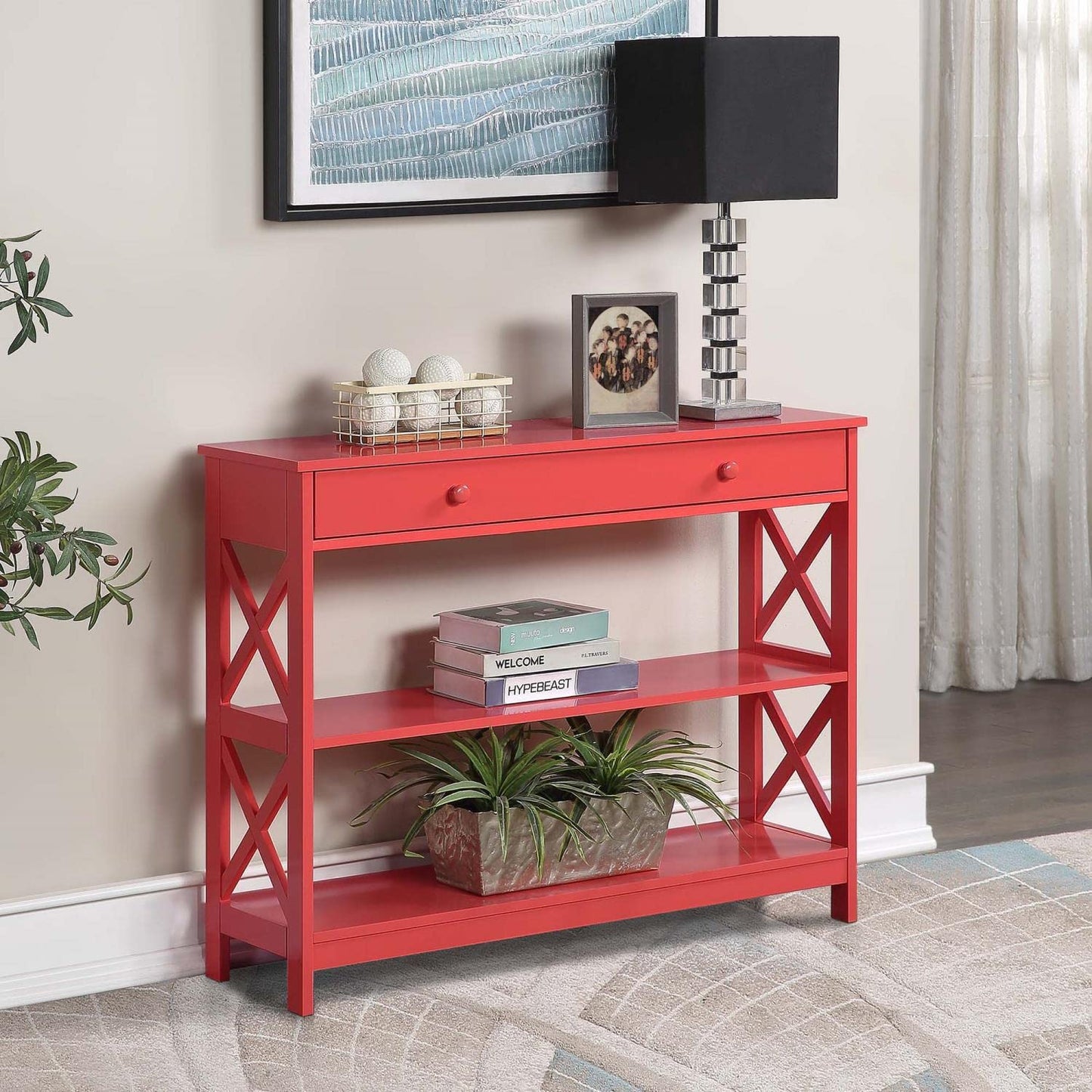 TABLE | Oxford 1 Drawer Console Table with Shelves | Ample Storage | Modern X Pattern Design | Durable Construction | Versatile & Complements Any Decor | casafoyer.myshopify.com