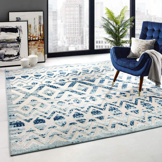 area rugs | CasaFoyer Reflect Collection | Tamako Distressed Vintage Diamond & Chevron Moroccan Trellis Rug | 8x10 Indoor/Outdoor | Ivory/Blue | Durable, Fade/Stain Resistant | casafoyer.myshopify.com