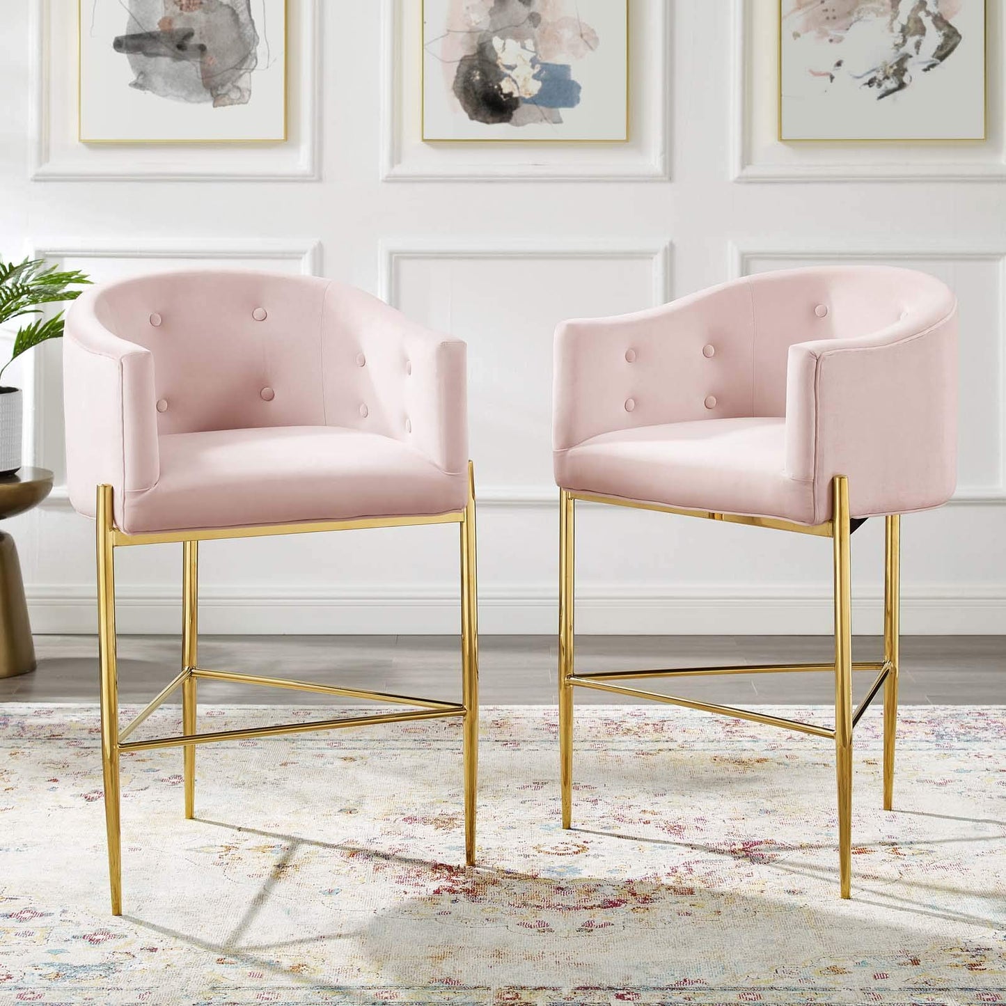 barstools | CasaFoyer Savour Tufted Performance Velvet Bar Stool Set of 2 | Luxury Design | Stain-Resistant | Comfortable Seating | Chrome Gold Frame | 29 Seat Height | Pink | casafoyer.myshopify.com