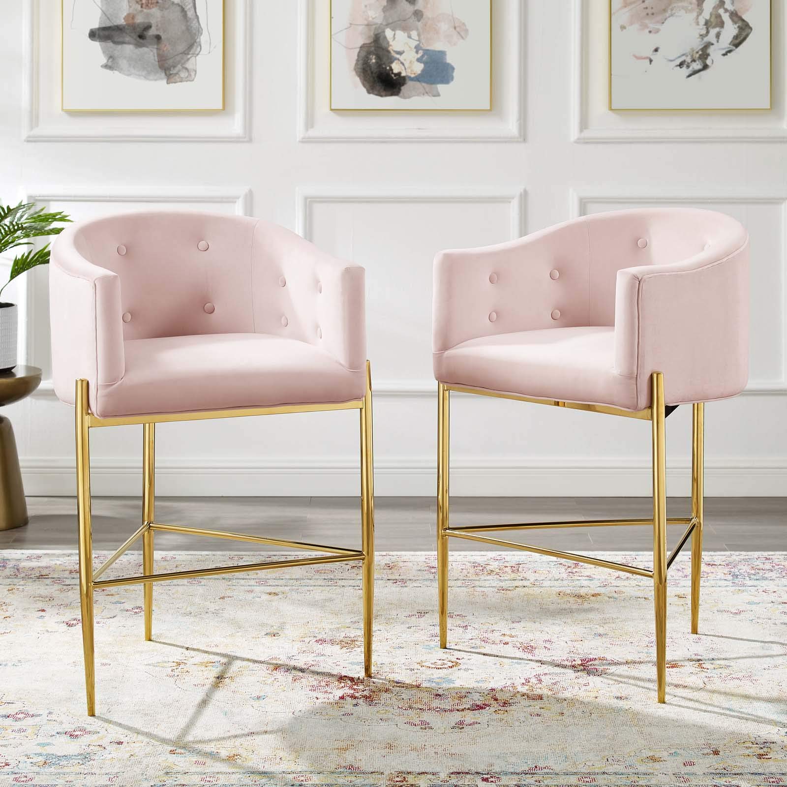 barstools | CasaFoyer Savour Tufted Performance Velvet Bar Stool Set of 2 | Luxury Design | Stain-Resistant | Comfortable Seating | Chrome Gold Frame | 29 Seat Height | Pink | casafoyer.myshopify.com