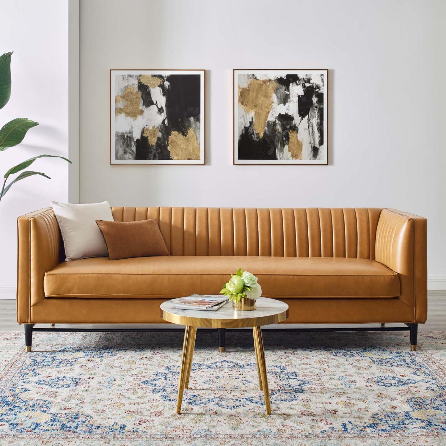 sofas | CasaFoyer Devote Channel Tufted Vegan Leather Sofa | Retro Design | High-Quality Upholstery | Luxurious Seating | Durable Craftsmanship | Black Rubberwood Legs with Gold Sleeves | casafoyer.myshopify.com