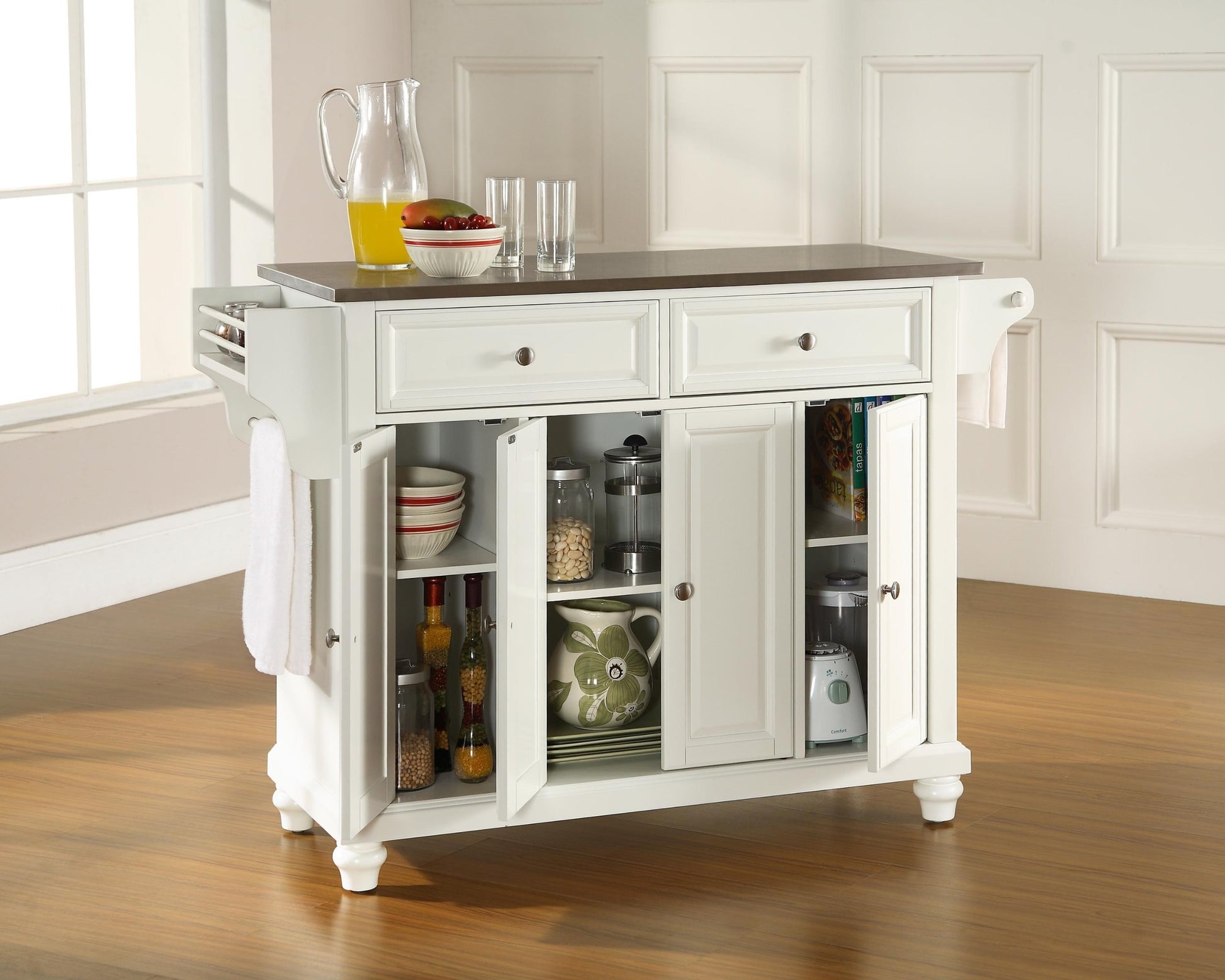 Kitchen Storage | Durable Solid Hardwood Kitchen Island | Raised Panel Doors | Ample Storage Space | Elegant & Functional | White Finish | casafoyer.myshopify.com