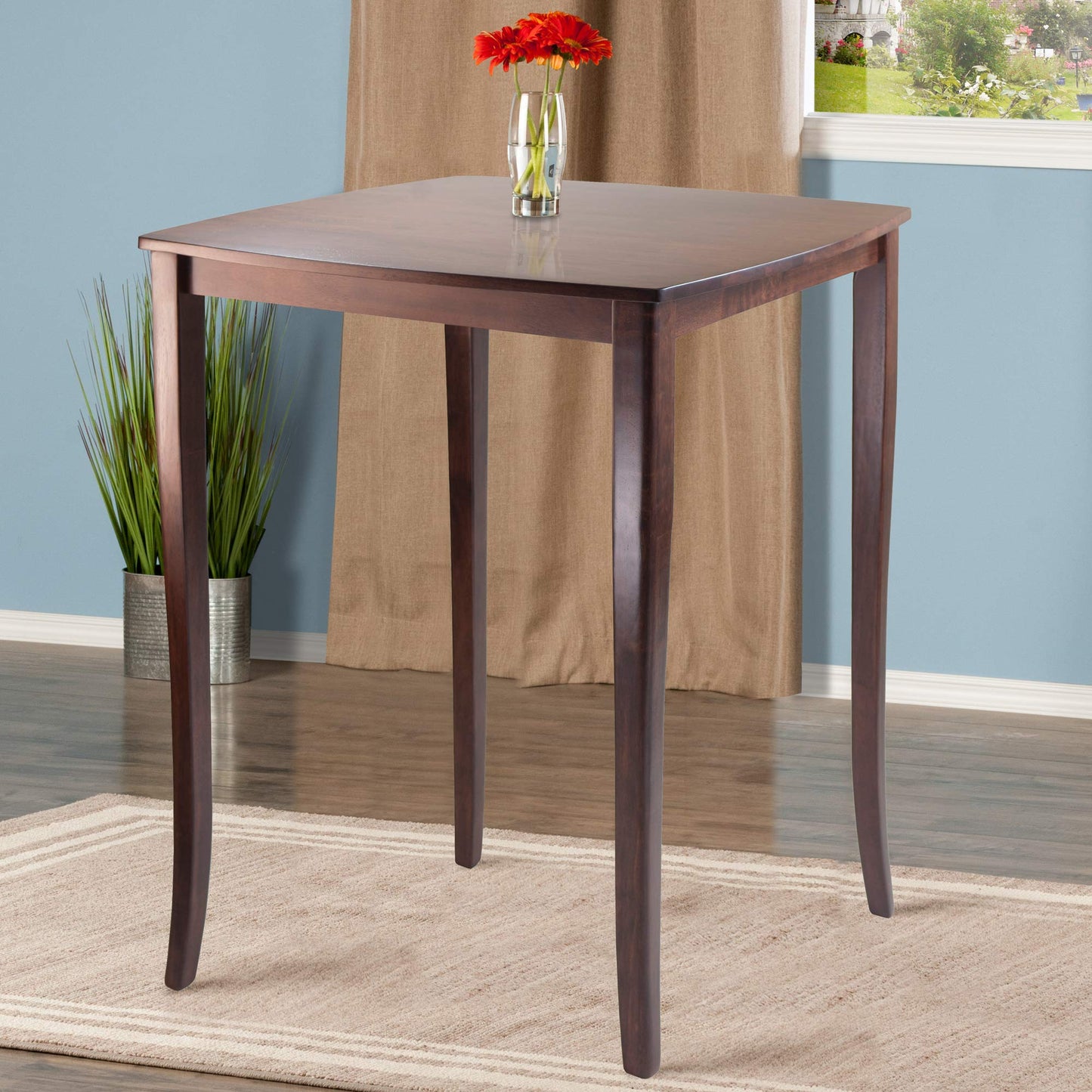 TABLE | CasaFoyer  Wood Inglewood High Table | Elegant & Versatile | Tapered Legs & Curved Profile | Walnut Finish | Fits Small Spaces | Accommodates 4 Guests | Easy Assembly | 33.86 W x 33.86 D x 38.9 H | casafoyer.myshopify.com