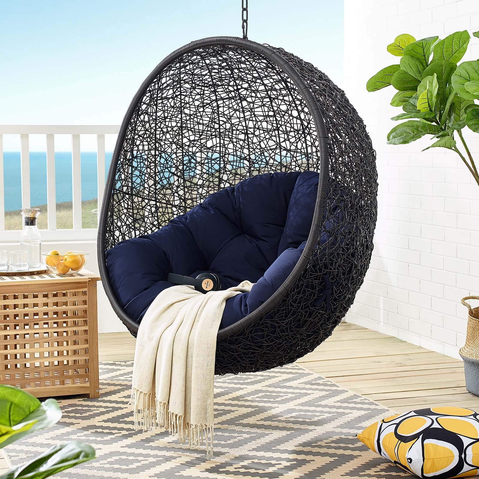 porch swings | Ergode Encase Outdoor Patio Swing Chair | Luxury Synthetic Rattan Weave | All-Weather Cushion | Powder-Coated Steel Frame | Adjustable Chain | Indoor/Outdoor Use | Weather & UV Resistant | Black Navy | casafoyer.myshopify.com