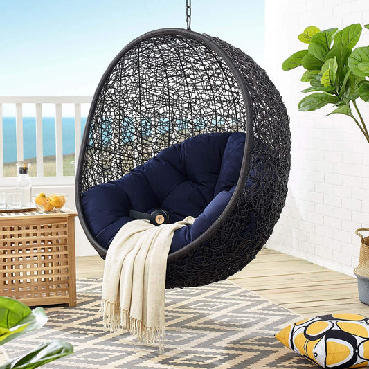 porch swings | Ergode Encase Outdoor Patio Swing Chair | Luxury Synthetic Rattan Weave | All-Weather Cushion | Powder-Coated Steel Frame | Adjustable Chain | Indoor/Outdoor Use | Weather & UV Resistant | Black Navy | casafoyer.myshopify.com