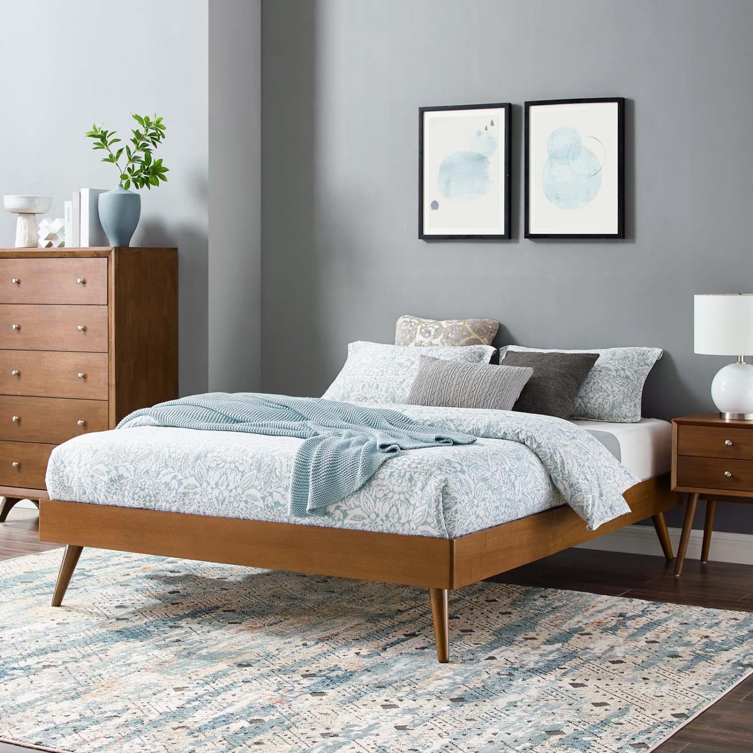 Bed | CasaFoyer Margo Queen Platform Bed Frame | Retro Charm with Modern Accents | Durable Wood Construction | No Box Spring Needed | Walnut Finish | casafoyer.myshopify.com