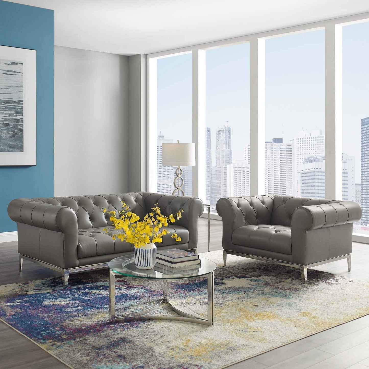 kitchen and dining room sets | CasaFoyer Idyll Leather Chesterfield Loveseat & Armchair Set | Soft Leather Upholstery | Rolled Arms | Tufted Button Accents | Luxurious & Comfortable Seating | Sturdy Stainless Steel Frame | Vintage-Inspired Design | Gray | casafoyer.myshopify.com