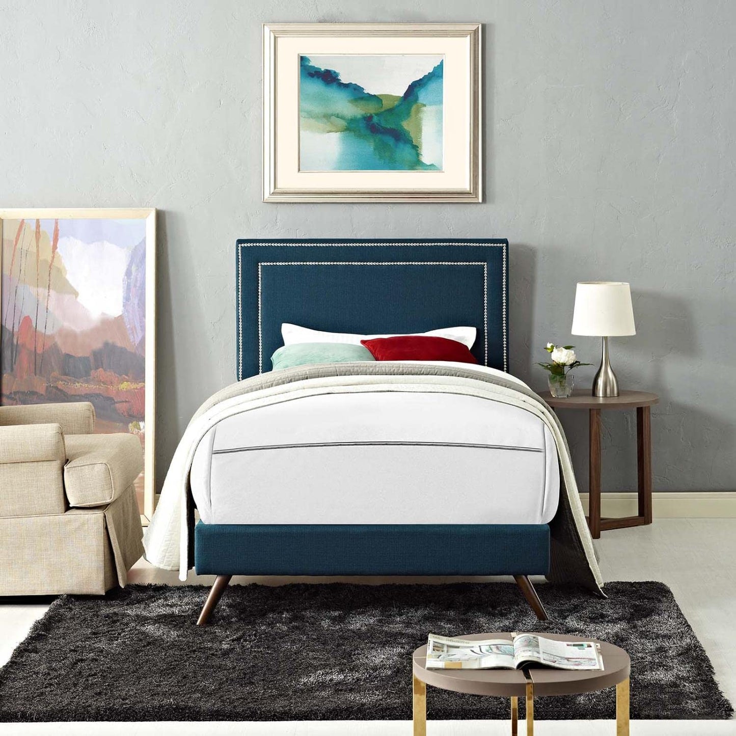 Bed | CasaFoyer Virginia Platform Bed | Solid Wood Frame | Polyester Upholstery | Tapered Legs | No Box Spring Needed | Compatible with Memory Foam Mattresses | Perfect for Mid-Century Modern and Contemporary Bedrooms | Assembly Required (Mattress Not Included) | casafoyer.myshopify.com