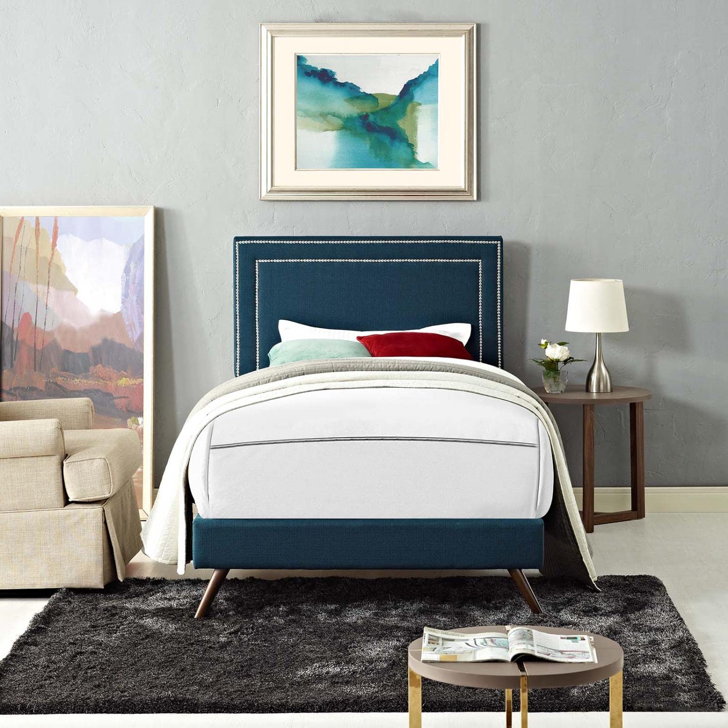 Bed | CasaFoyer Virginia Platform Bed | Solid Wood Frame | Polyester Upholstery | Tapered Legs | No Box Spring Needed | Compatible with Memory Foam Mattresses | Perfect for Mid-Century Modern and Contemporary Bedrooms | Assembly Required (Mattress Not Included) | casafoyer.myshopify.com