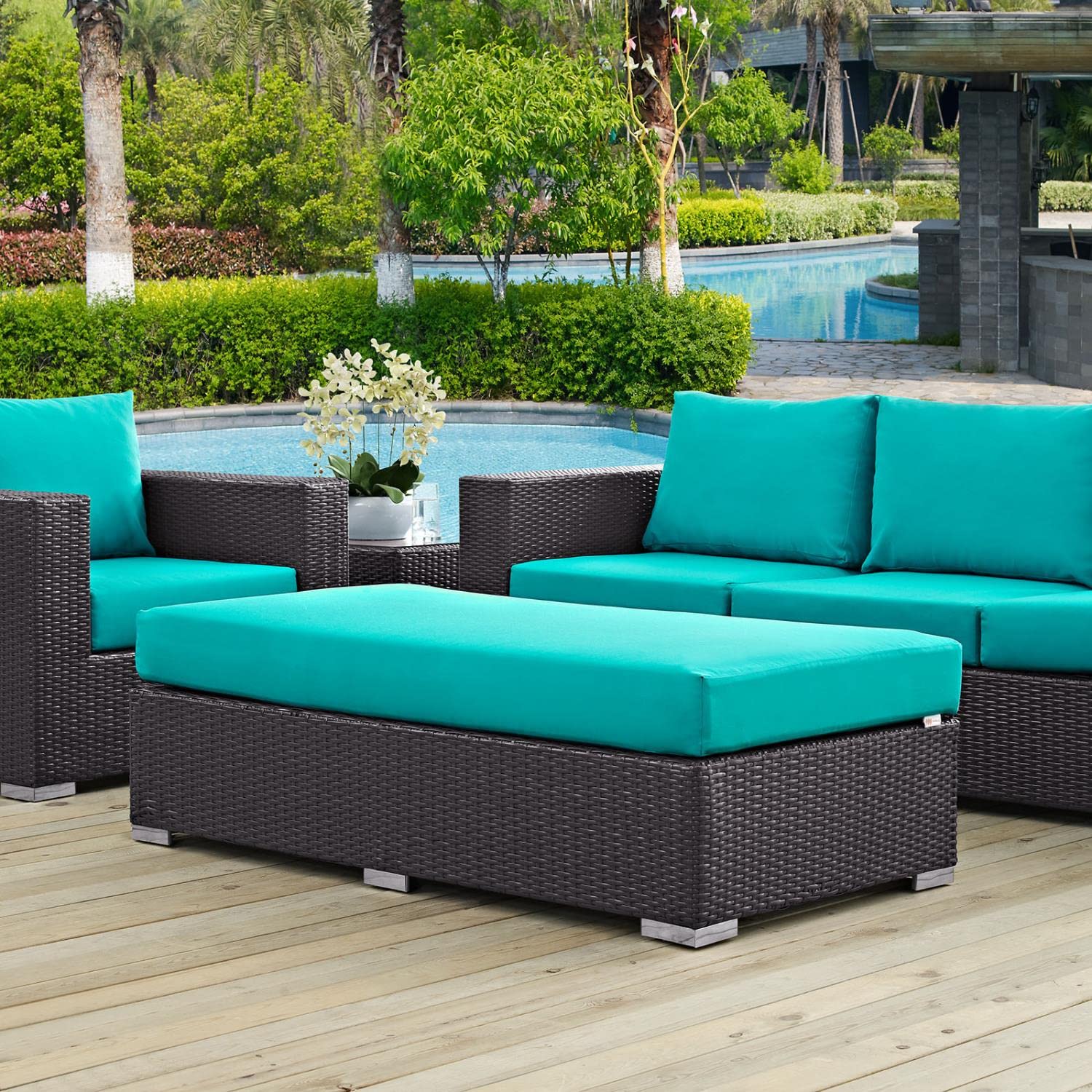 ottomans | CasaFoyer Convene Outdoor Sectional | Durable Rattan Ottoman | All-Weather Cushions | Espresso Turquoise | casafoyer.myshopify.com