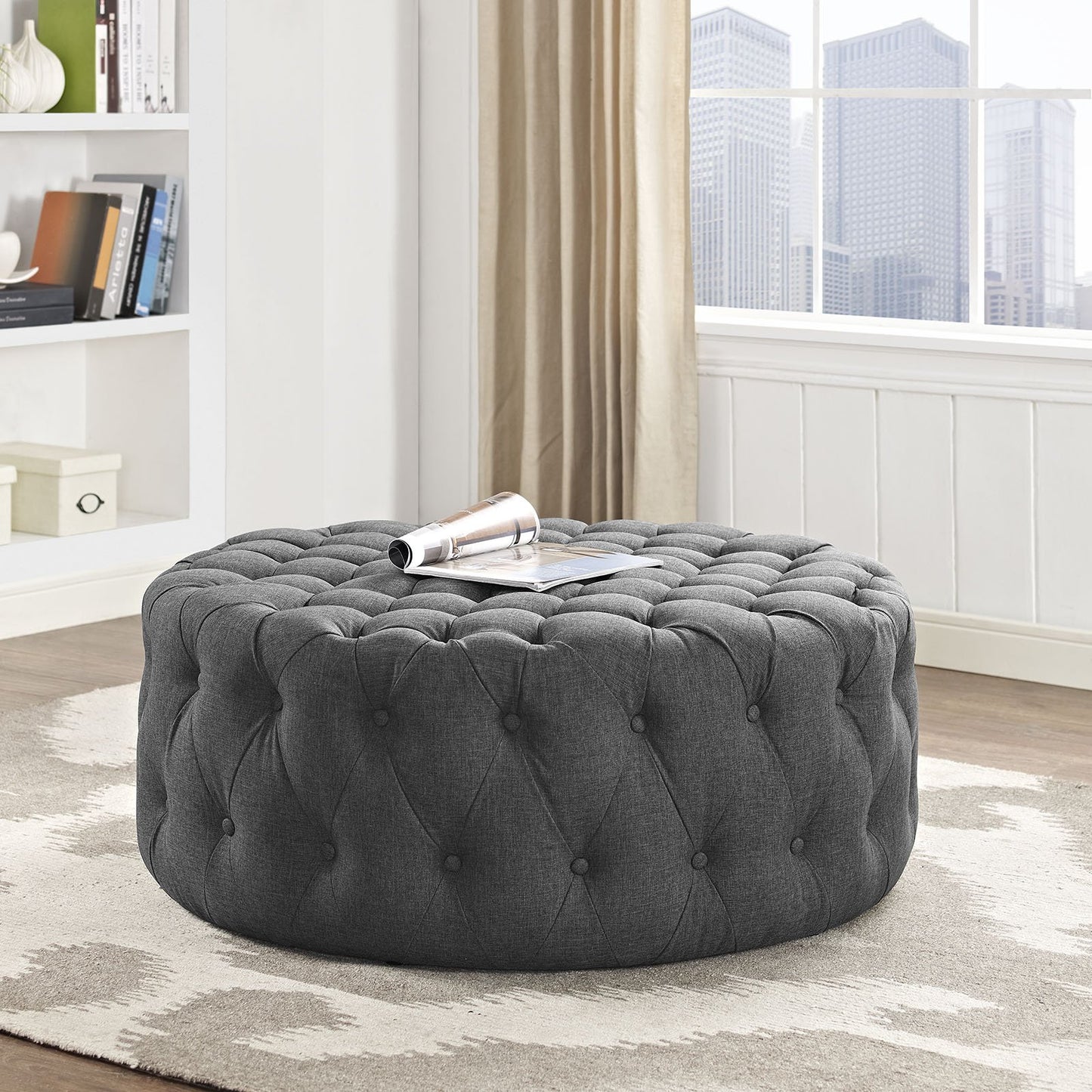 ottomans | CasaFoyer Amour Round Ottoman | Elegant Tufted Design | Plush Foam Padding | High-Quality Fabric Upholstery | Stylish & Functional | Non-Marking Black Plastic Legs | Gray | casafoyer.myshopify.com