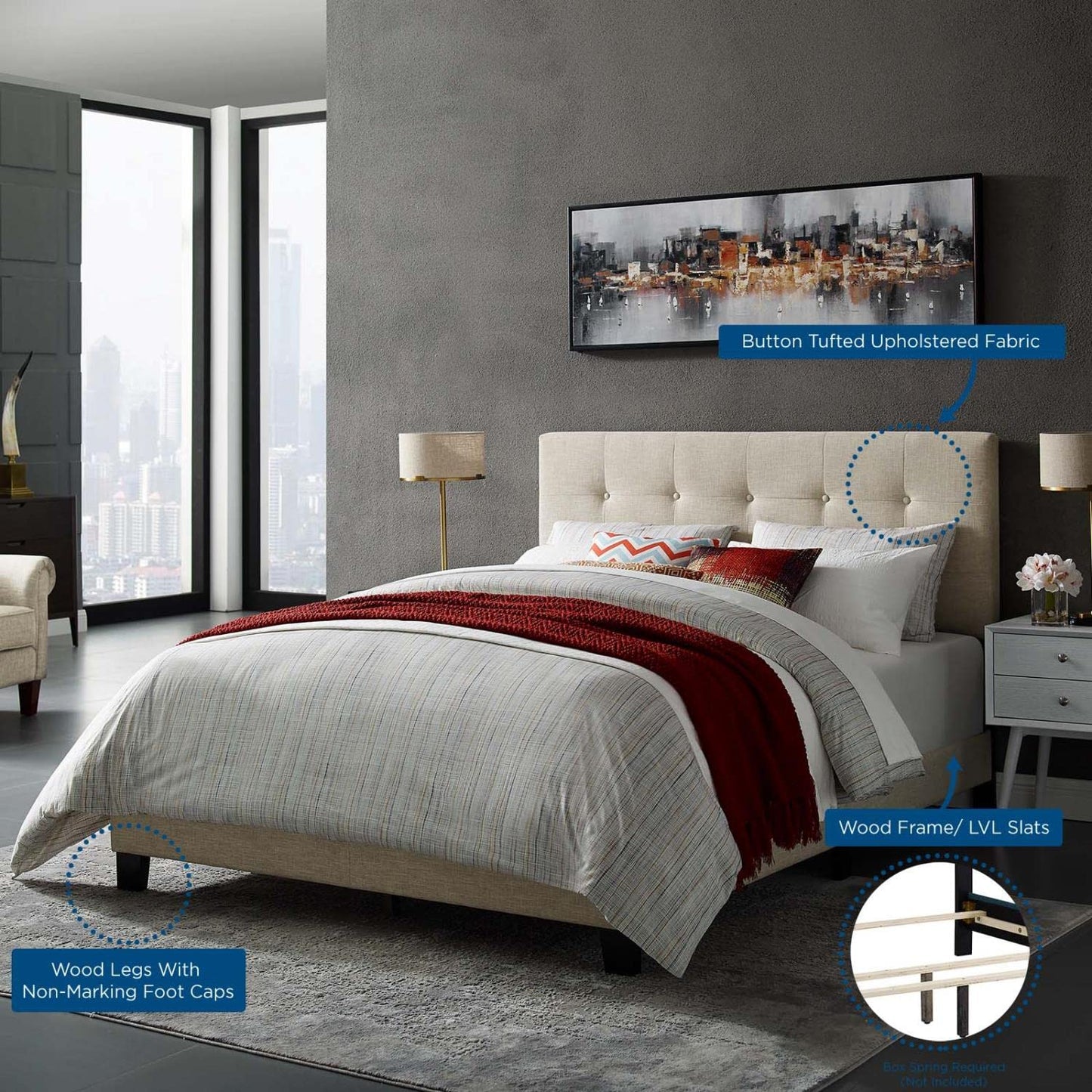 Bed | CasaFoyer Amira Queen Bed | Dreamy Atmosphere | Elegant Design | Plush Upholstered Base | Button-Tufted Headboard | Sturdy Wooden Frame | Accommodates Various Mattress Types | Sleek & Sophisticated | 800 lbs Weight Capacity | Box Spring Not Included | casafoyer.myshopify.com
