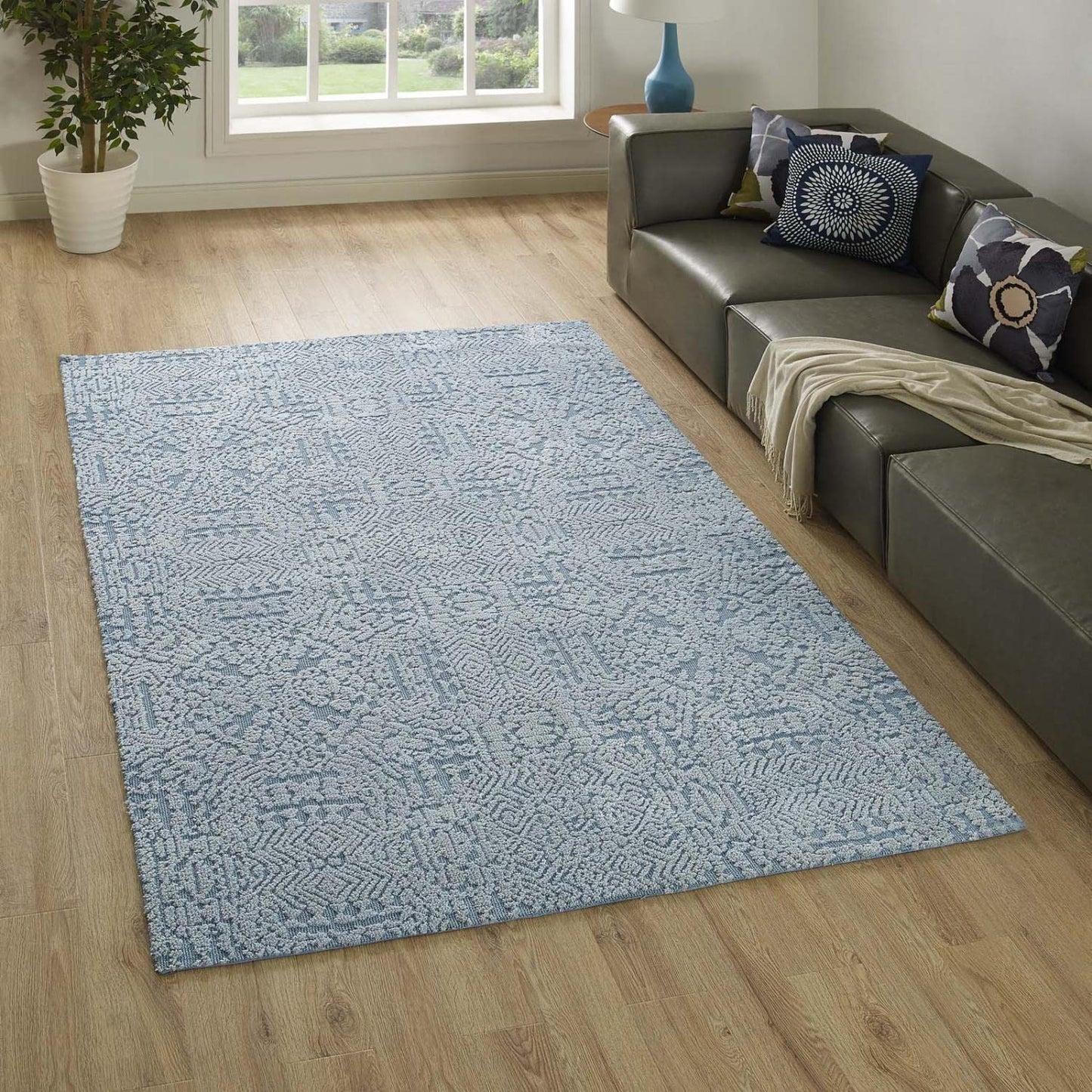 area rugs | CasaFoyer Javiera Contemporary Moroccan Area Rug | Soft Microfiber | Durable Jute Bottom | Stain-Resistant | Easy to Clean | 5x8 Ivory & Light Blue | casafoyer.myshopify.com