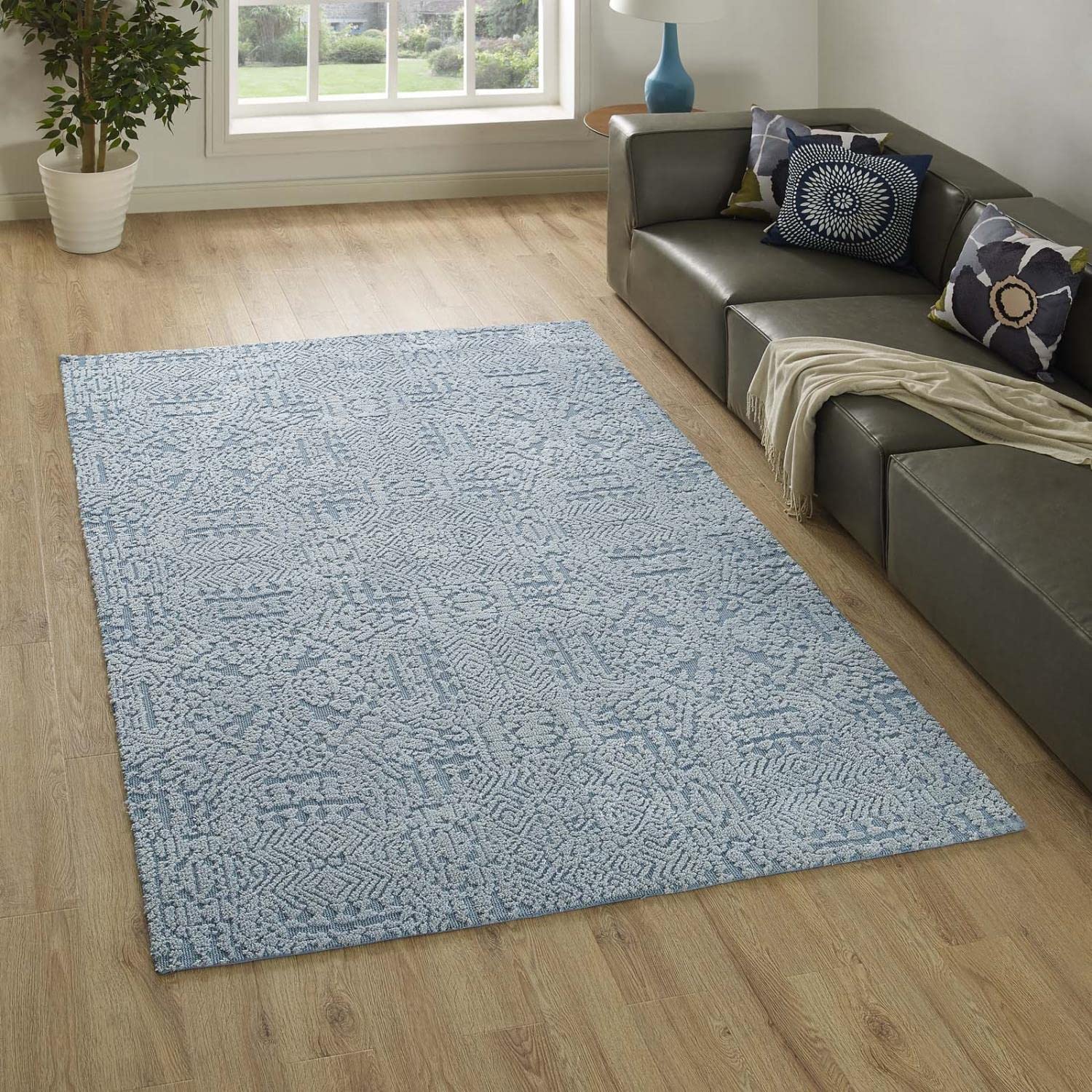 area rugs | CasaFoyer Javiera Contemporary Moroccan Area Rug | Soft Microfiber | Durable Jute Bottom | Stain-Resistant | Easy to Clean | 5x8 Ivory & Light Blue | casafoyer.myshopify.com