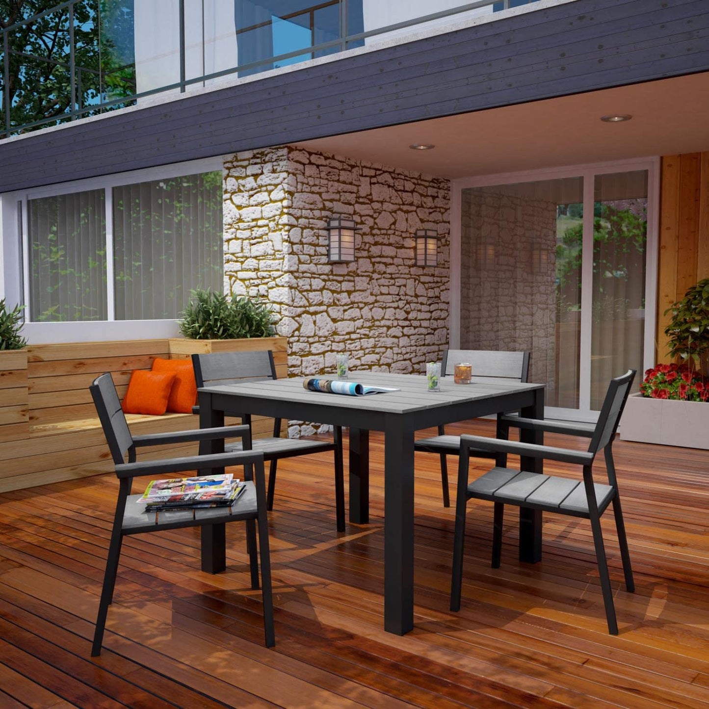 Dining Table | Maine Outdoor Patio Dining Furniture Collection | Synthetic Wood Grain Plank Boards | Aluminum Frame | Contemporary Outdoor Dining | 4 Armchairs & 1 Dining Table | casafoyer.myshopify.com
