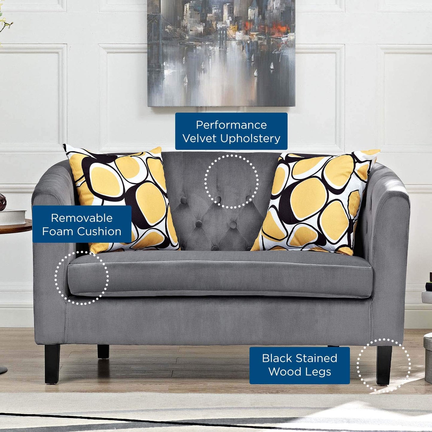 sofas | CasaFoyer Prospect Performance Velvet Loveseat | Luxury Chesterfield Design | Modern Twist | Button Tufting | Graceful Curves | Espresso Stained Wood Legs | Soft & Stain-Resistant Velvet Fabric | Gray | casafoyer.myshopify.com