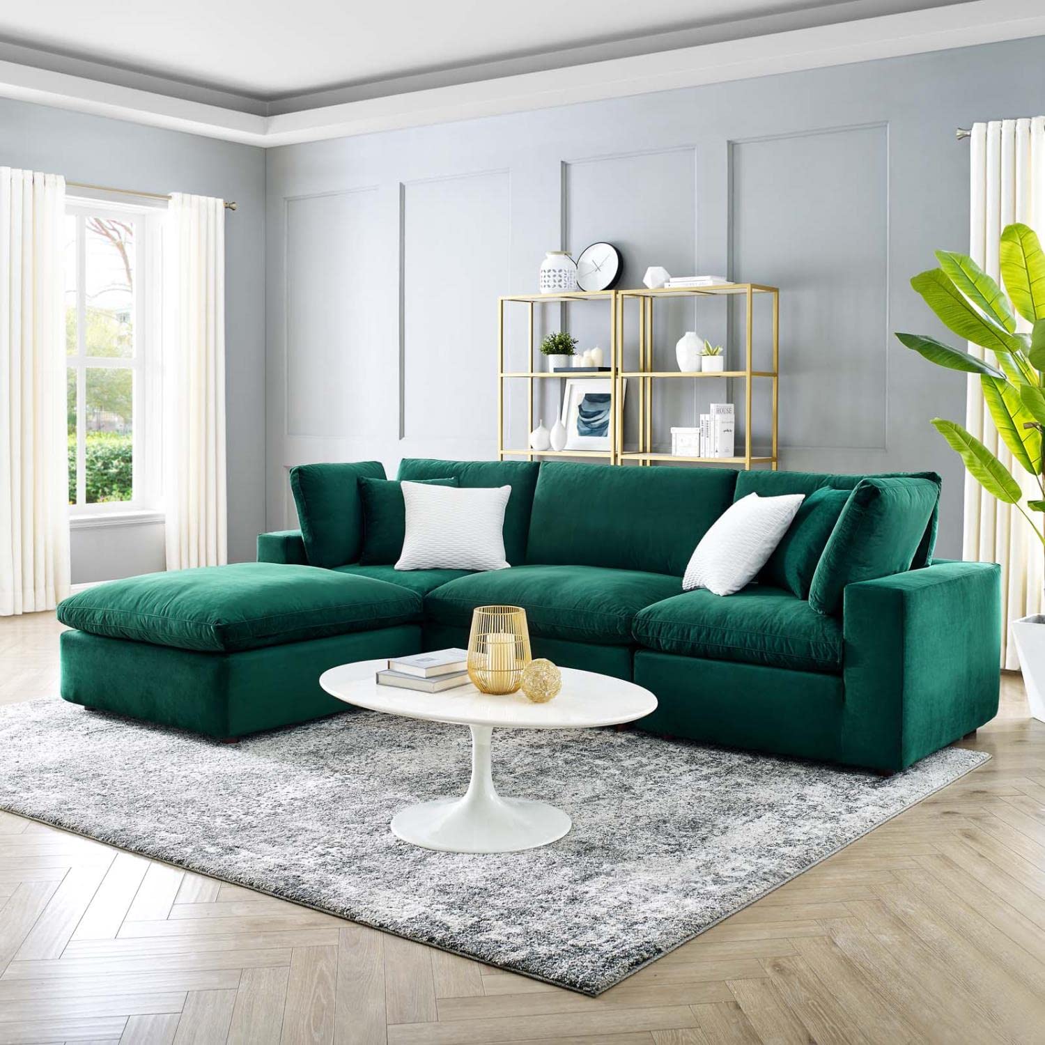 sofas | CasaFoyer Commix Sectional Sofa | Stain-Resistant Velvet | Solid Wood Construction | Plush Comfort | Duck Down Cushions | 4-Piece Set (Green) | casafoyer.myshopify.com