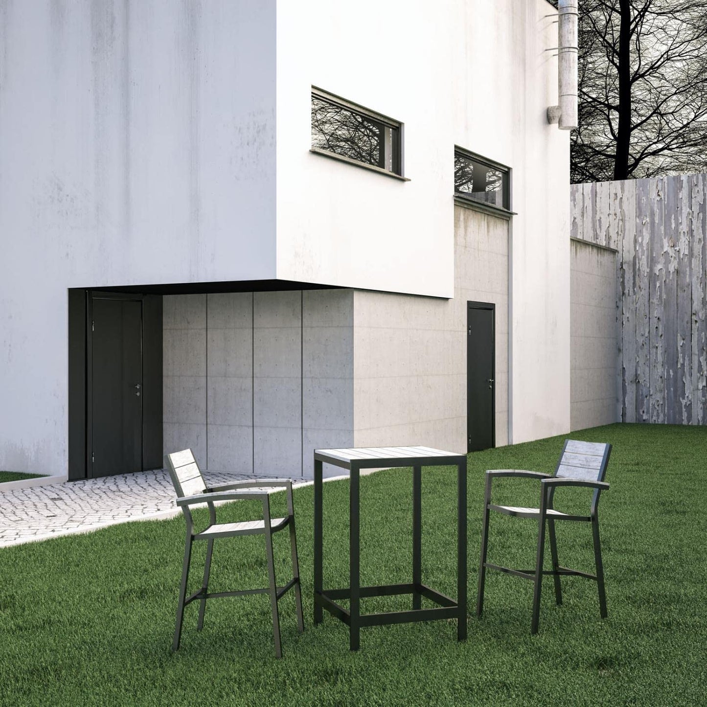 Dining Table | Maine Outdoor Patio Dining Furniture Collection | Synthetic Wood Grain Plank Boards | Aluminum Frame | Contemporary Design | Ideal for Outdoor Dining | Includes Bar Table & Bar Stools | casafoyer.myshopify.com