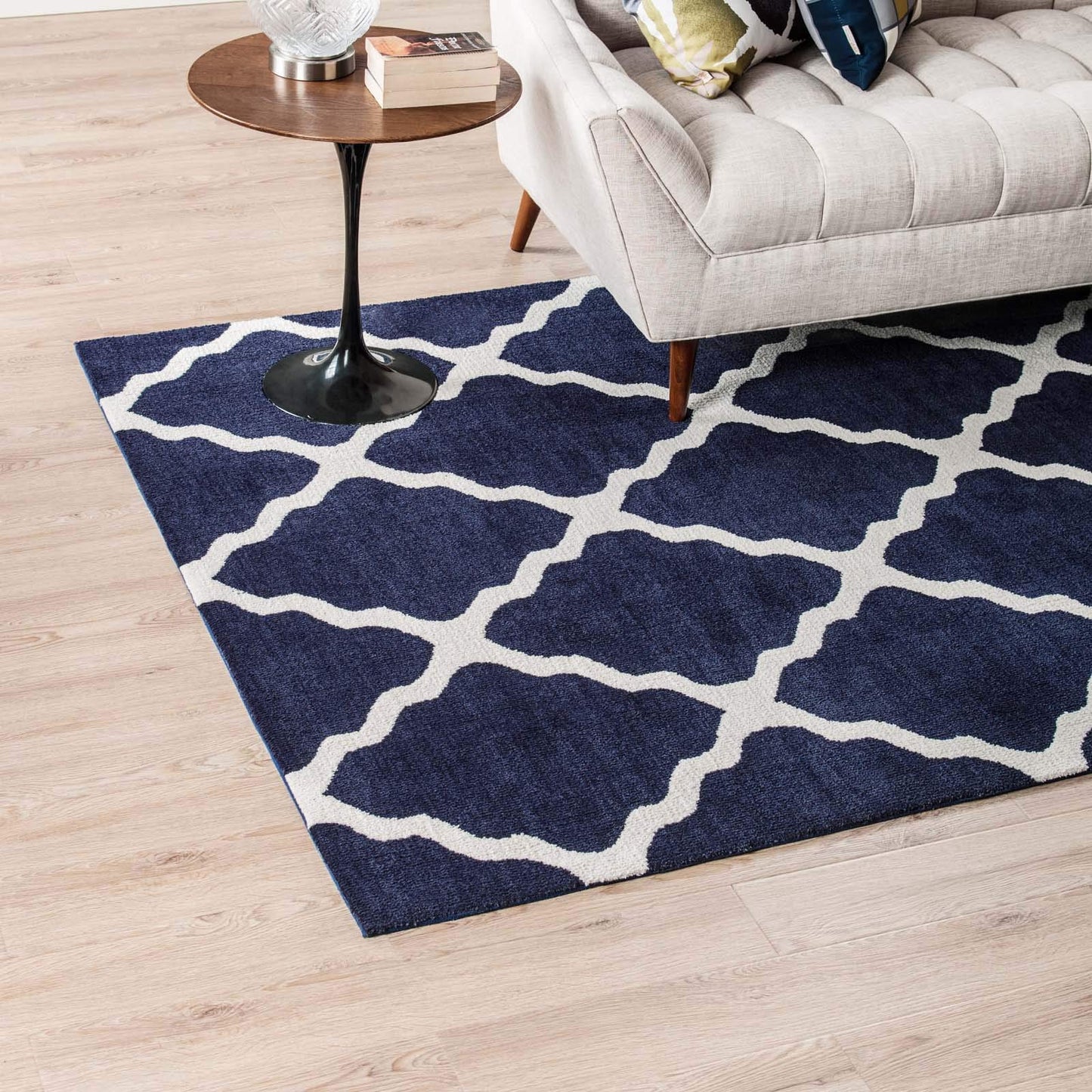 Carpet & Rugs | CasaFoyer Marja Moroccan Trellis Area Rug | Elegant lattice design | Soft polyester microfiber | Durable jute fabric bottom | Stain-resistant | Non-shedding | Easy to maintain | 5x8 size | Navy and Ivory | casafoyer.myshopify.com