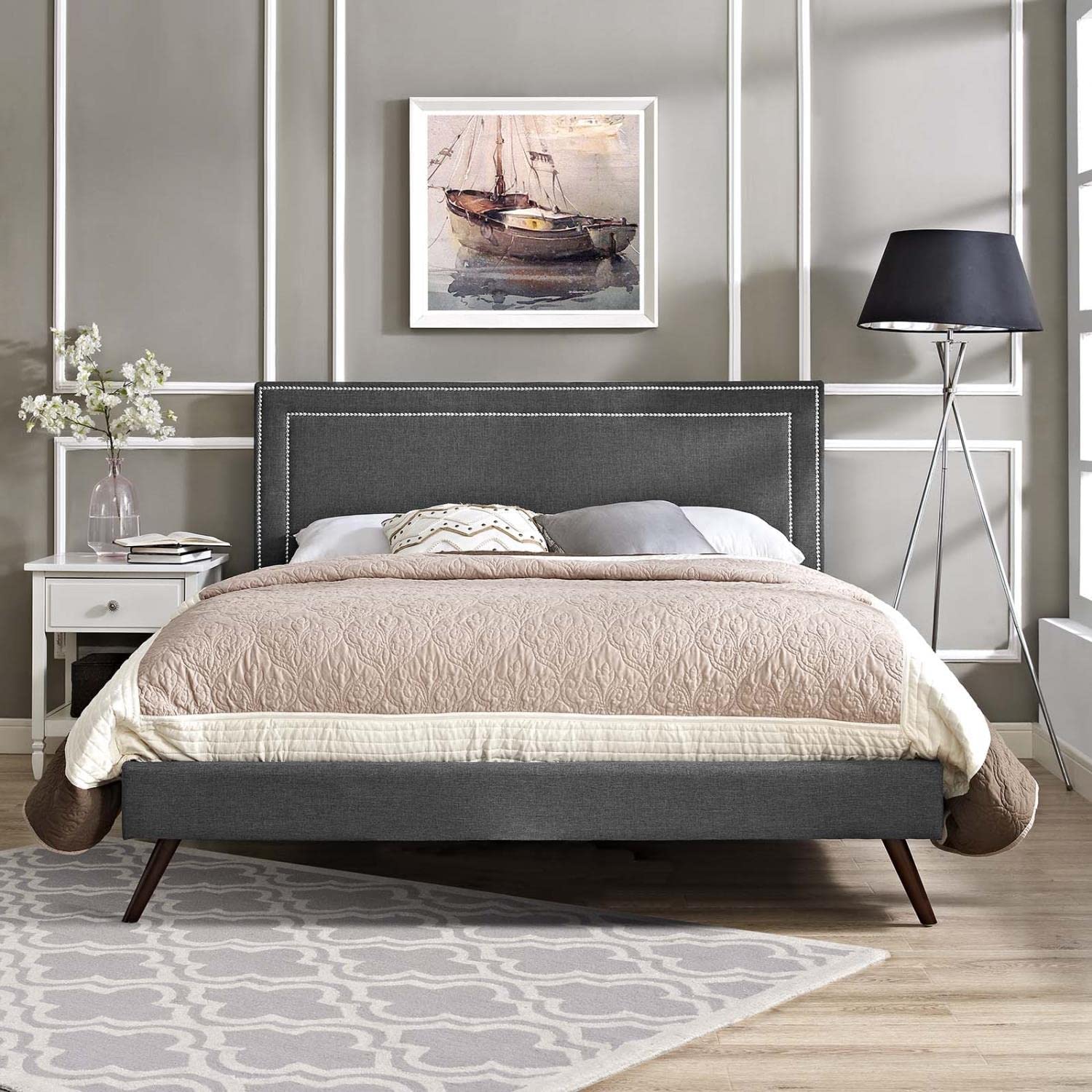 Bed | CasaFoyer Virginia Platform Bed | Solid Wood Frame | Polyester Upholstery | Tapered Legs | Gray | No Box Spring Needed | Compatible with Memory Foam Mattresses | Queen Size | casafoyer.myshopify.com